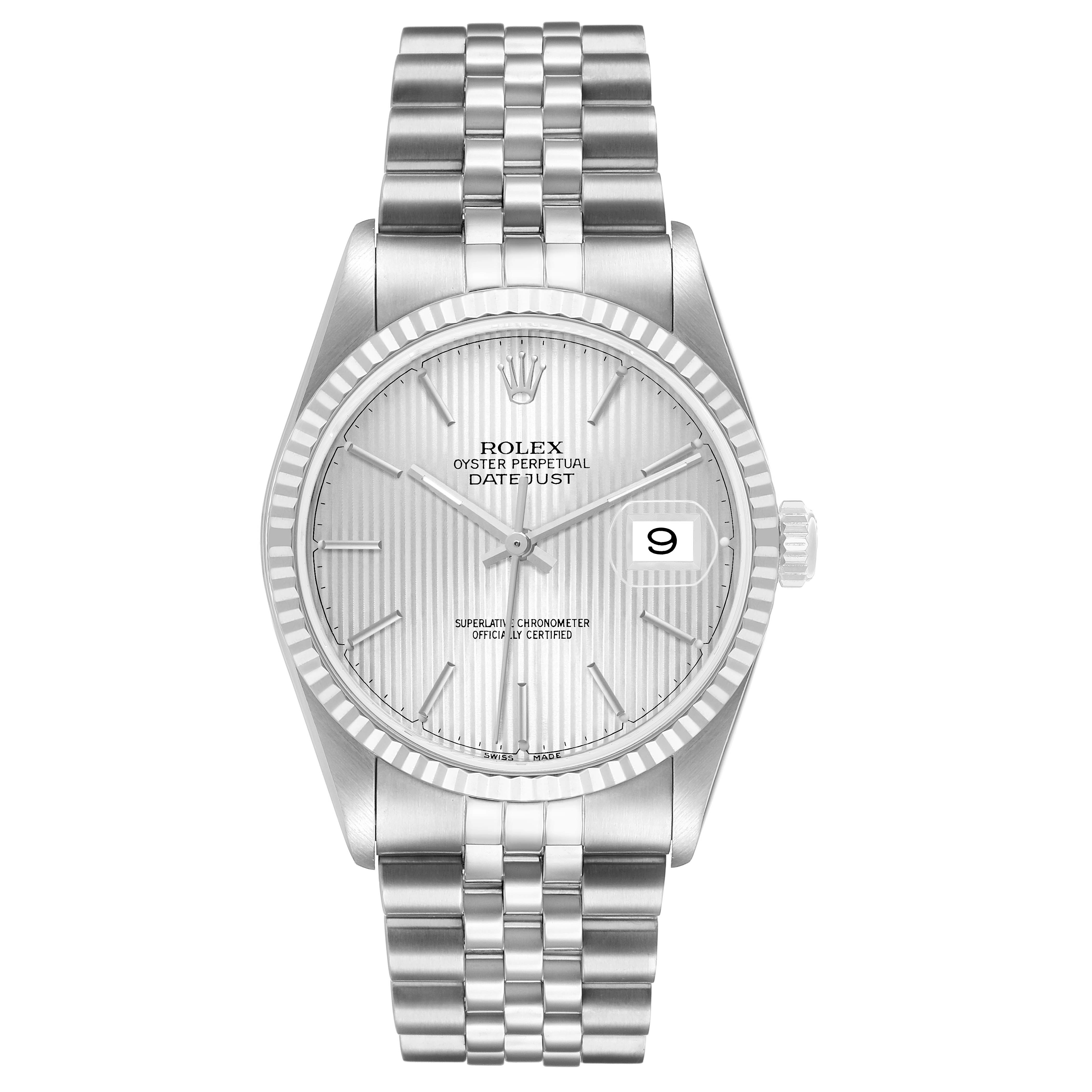 The Rolex Datejust 16234 Men's Stainless Steel Silver Dial watch is shown from a front angle, highlighting the dial, fluted bezel, and bracelet.