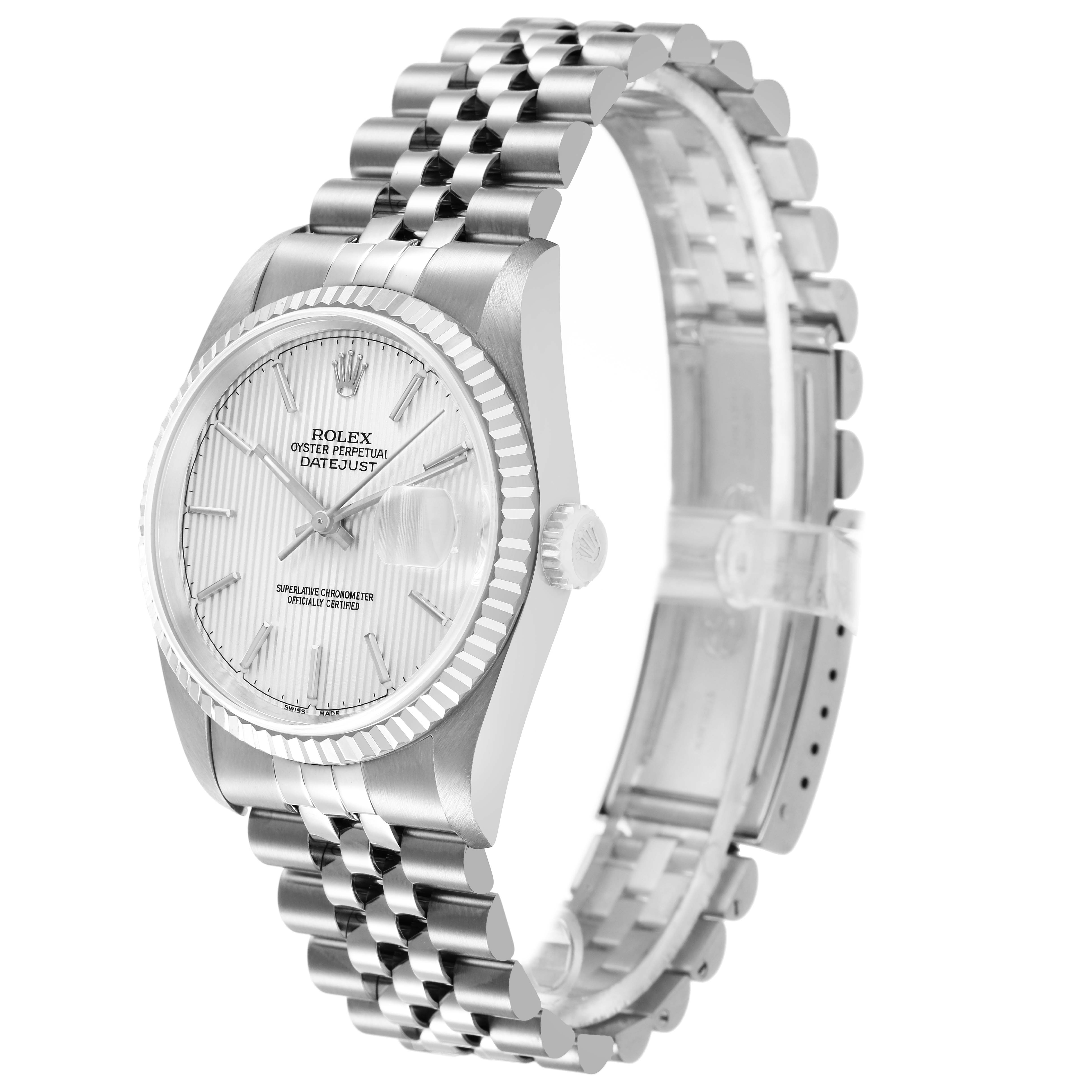 The Rolex Datejust 16234 Men's Stainless Steel Silver Dial watch is shown in a three-quarter angle, highlighting the face, bezel, and Jubilee bracelet.