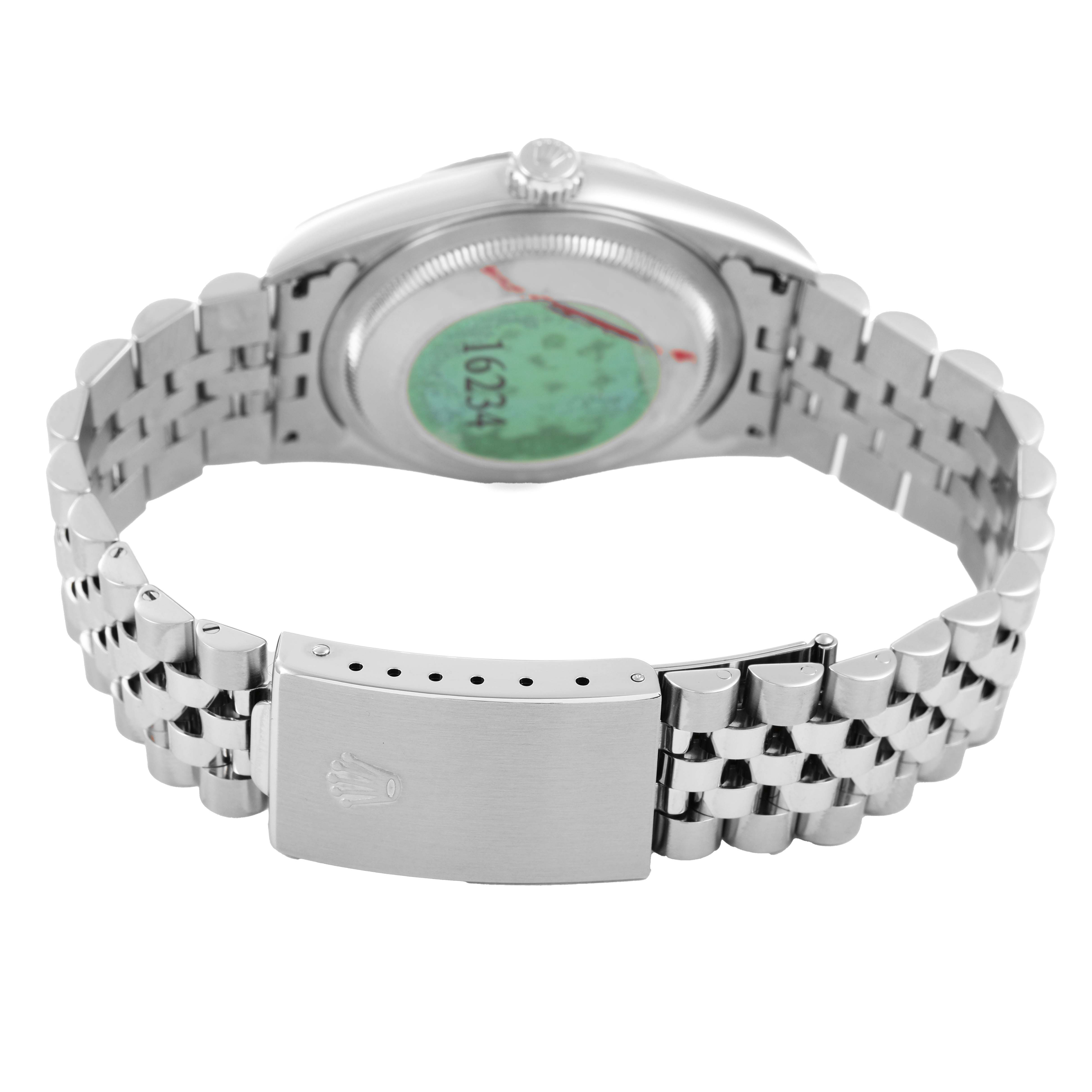 The image shows the back of a Rolex Datejust 16234 Men's Stainless Steel Silver Dial watch, highlighting the bracelet and clasp.