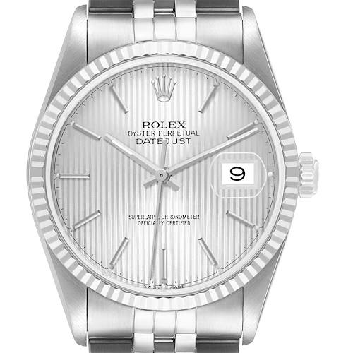 The Rolex Datejust 16234 Men's Stainless Steel Silver Dial watch is shown from the front, highlighting the dial, bezel, bracelet, and cyclops lens over the date.