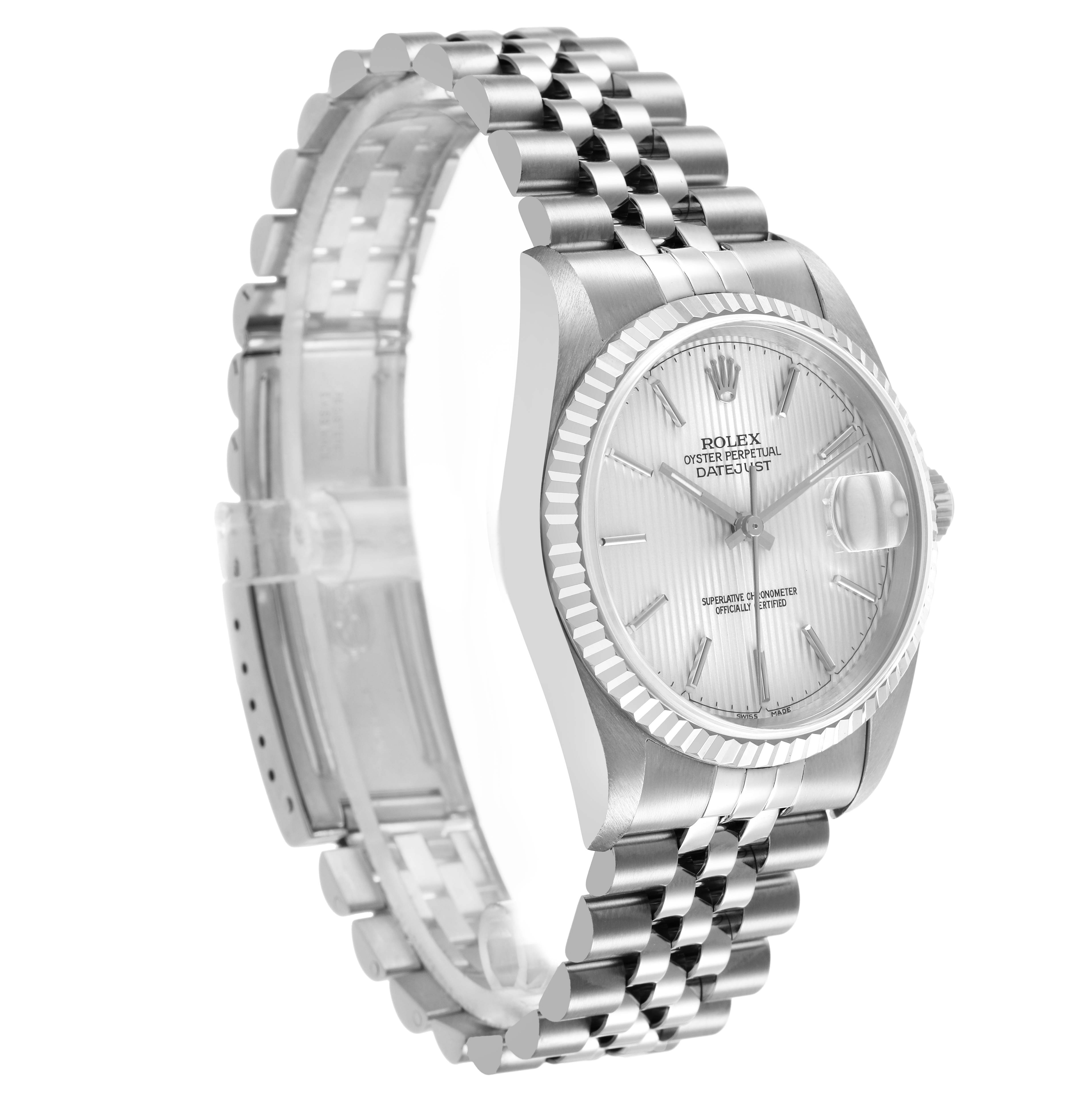 The Rolex Datejust 16234 Men's Stainless Steel Silver Dial watch is shown at a three-quarter angle, highlighting the face, bezel, bracelet, and crown.
