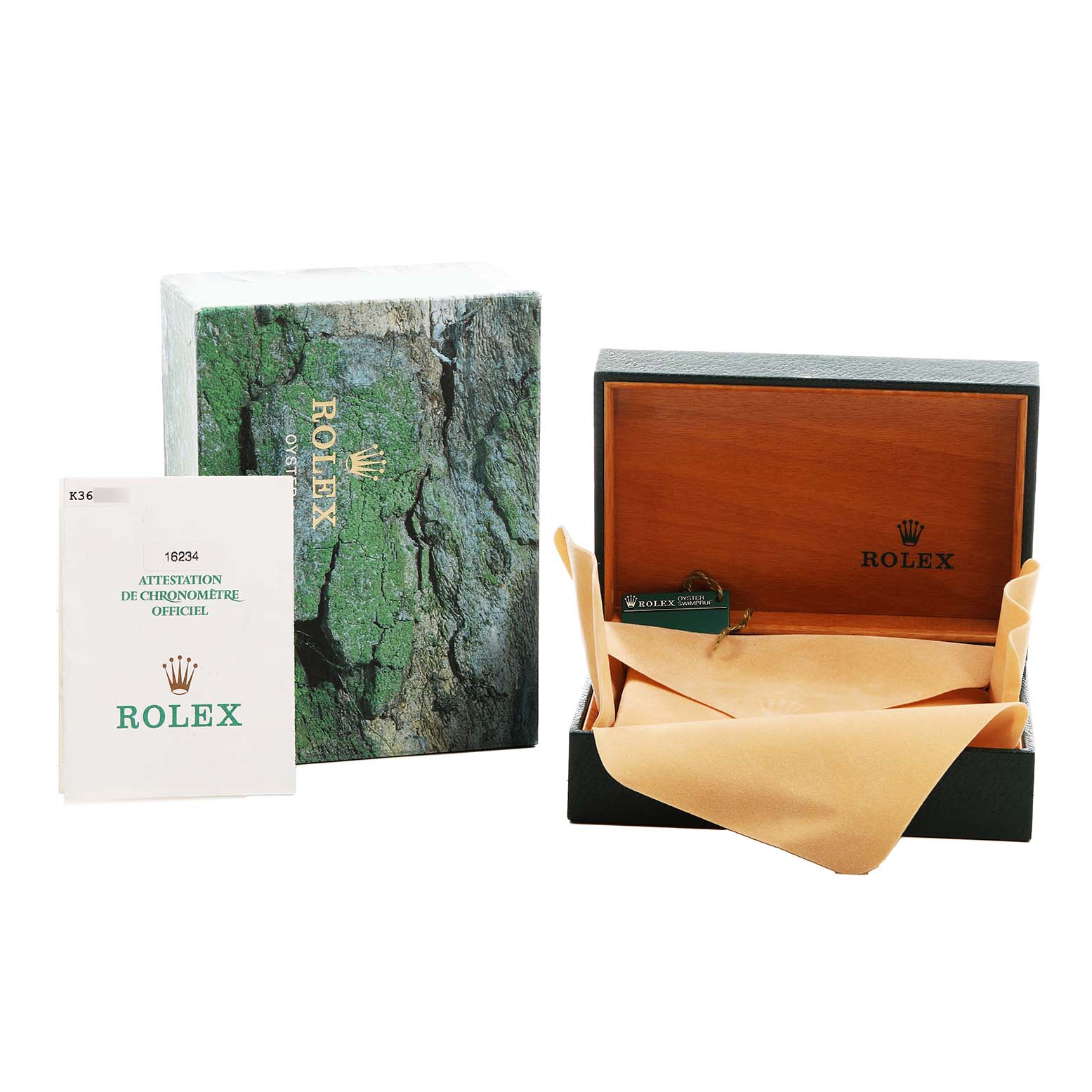 The image shows a Rolex Datejust 16234 Men's Stainless Steel Silver Dial box, warranty card, and packaging from a front angle.