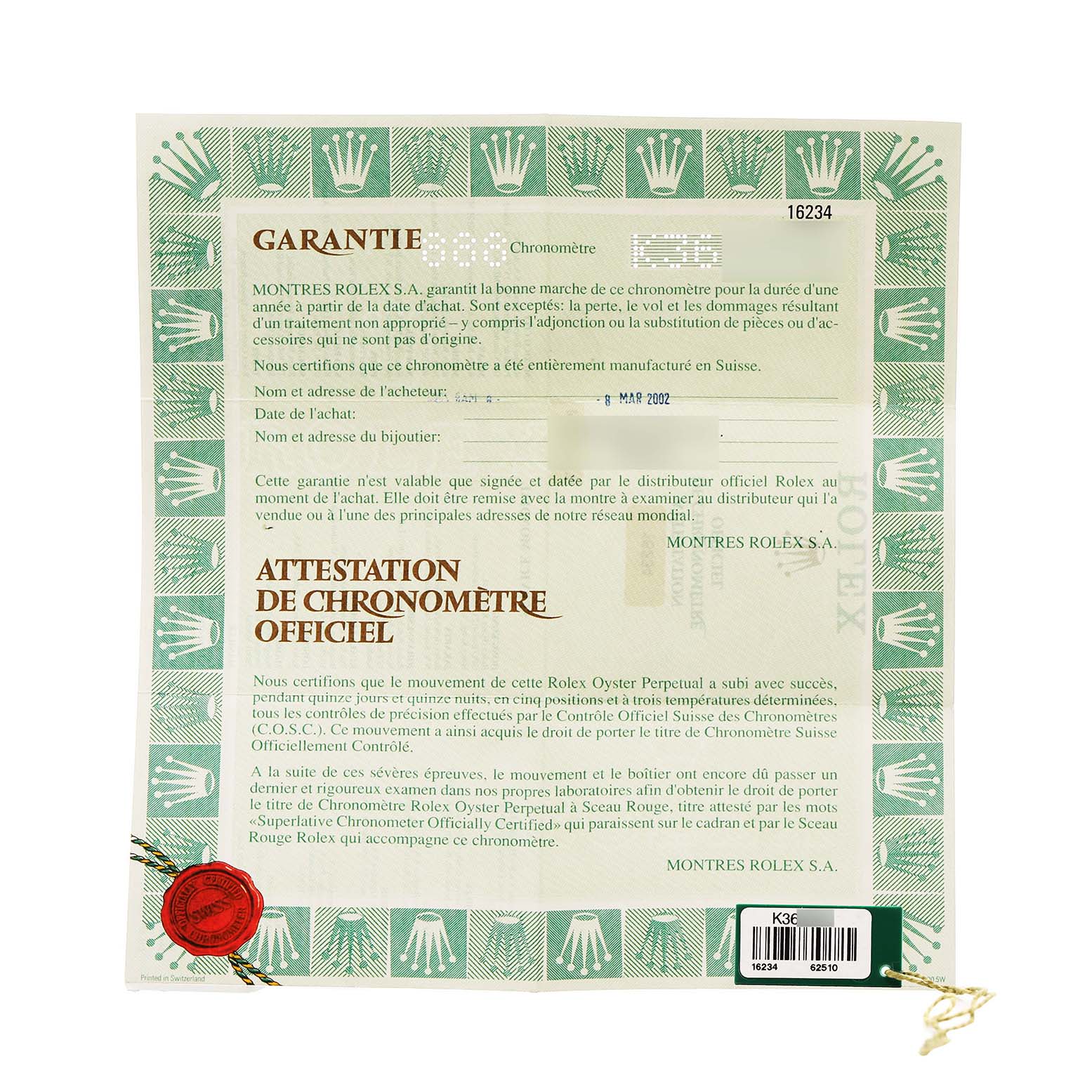 This image shows a certificate of authenticity and warranty for a Rolex Datejust 16234 Men's Stainless Steel Silver Dial watch, featuring official text and logos.