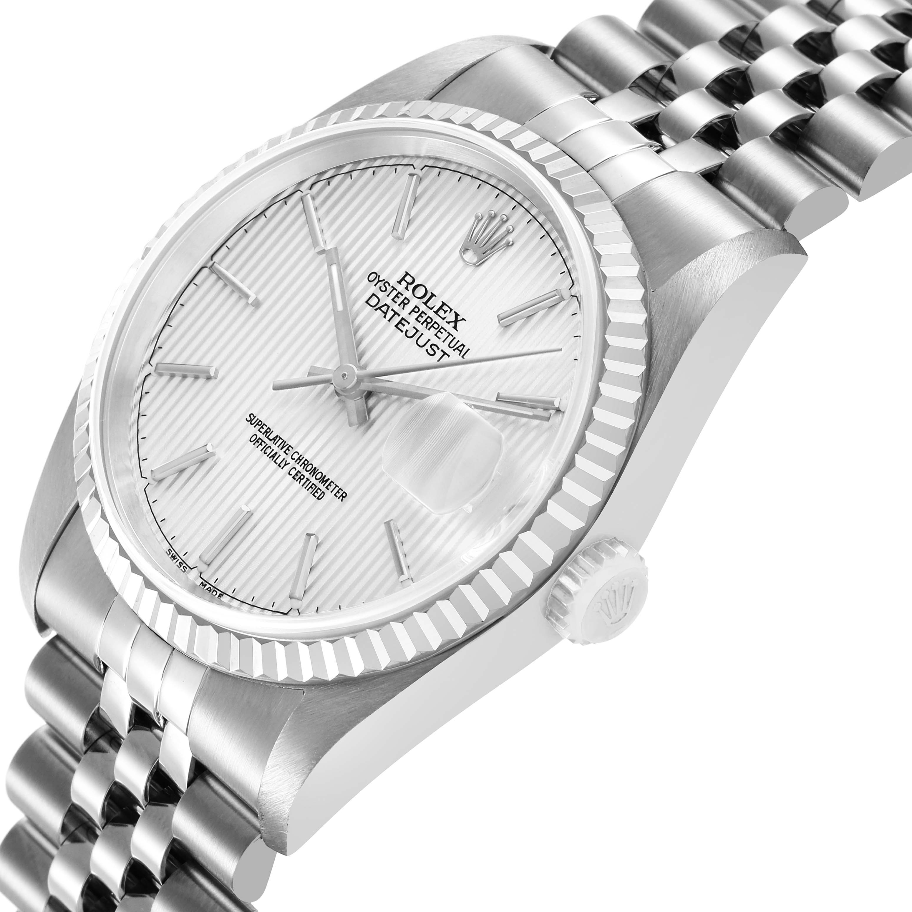 The Rolex Datejust 16234 Men's Stainless Steel Silver Dial watch is shown at an angled view, highlighting the dial, fluted bezel, and part of the bracelet and crown.