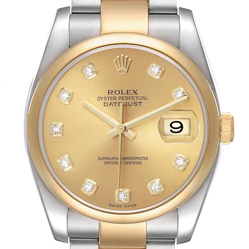 The Rolex Datejust 116203 Men's Steel and Gold (two tone) Champagne Dial watch is shown from a front angle, highlighting the gold dial, diamond hour markers, and two-tone bracelet.