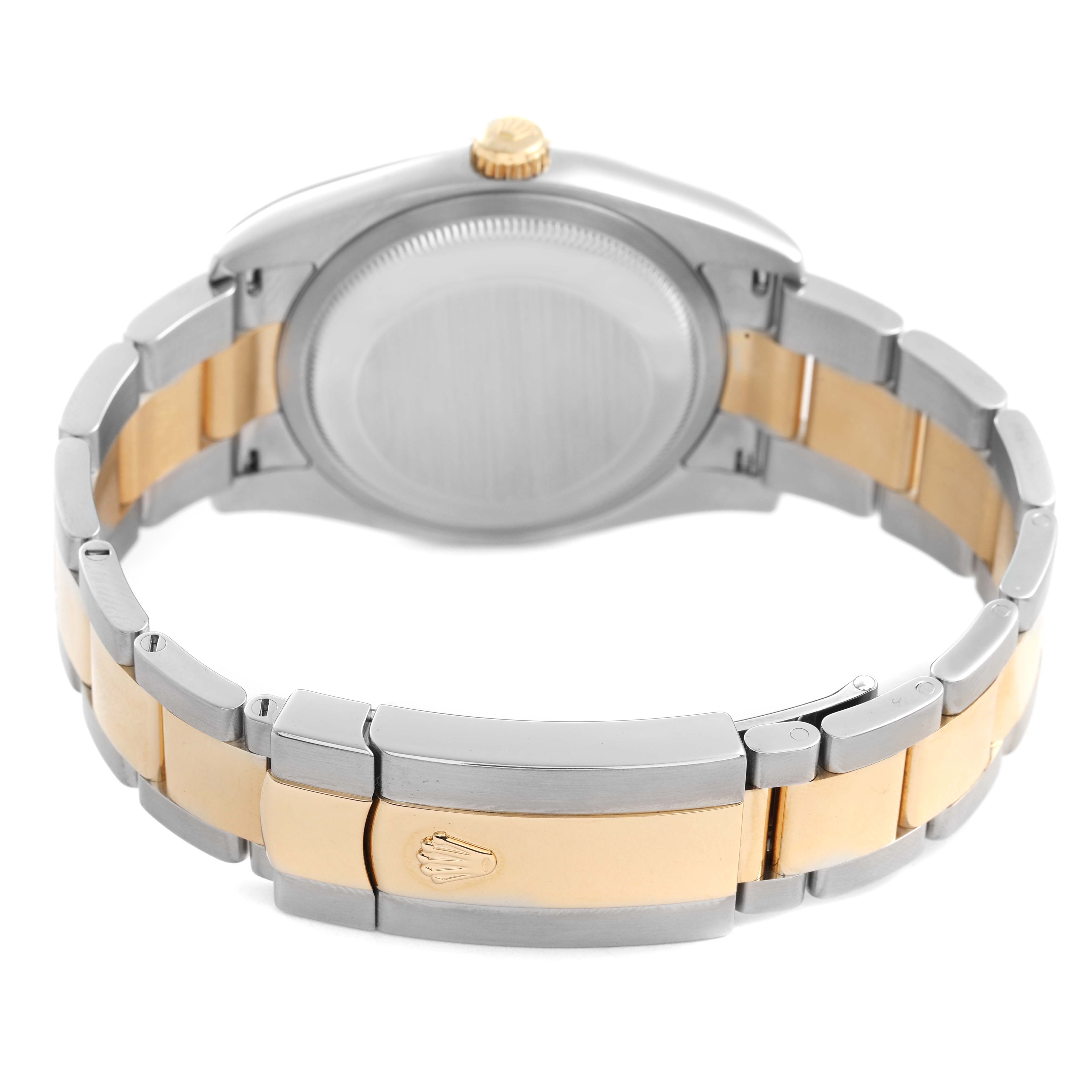 The image shows the back view and bracelet of a Rolex Datejust 116203 Men's Steel and Gold (two tone) Champagne Dial, highlighting its two-tone metal and clasp.