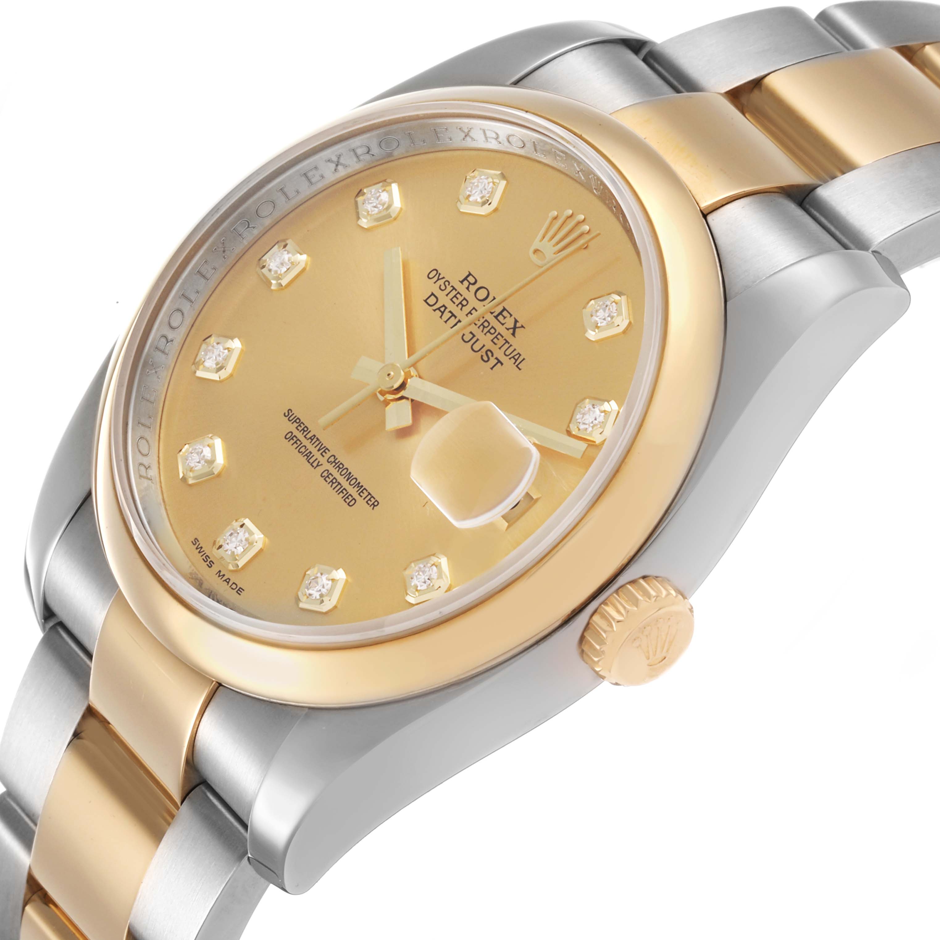 The Rolex Datejust 116203 Men's Steel and Gold (two tone) Champagne Dial watch is shown at a three-quarter angle, highlighting the dial, bezel, crown, and part of the bracelet.