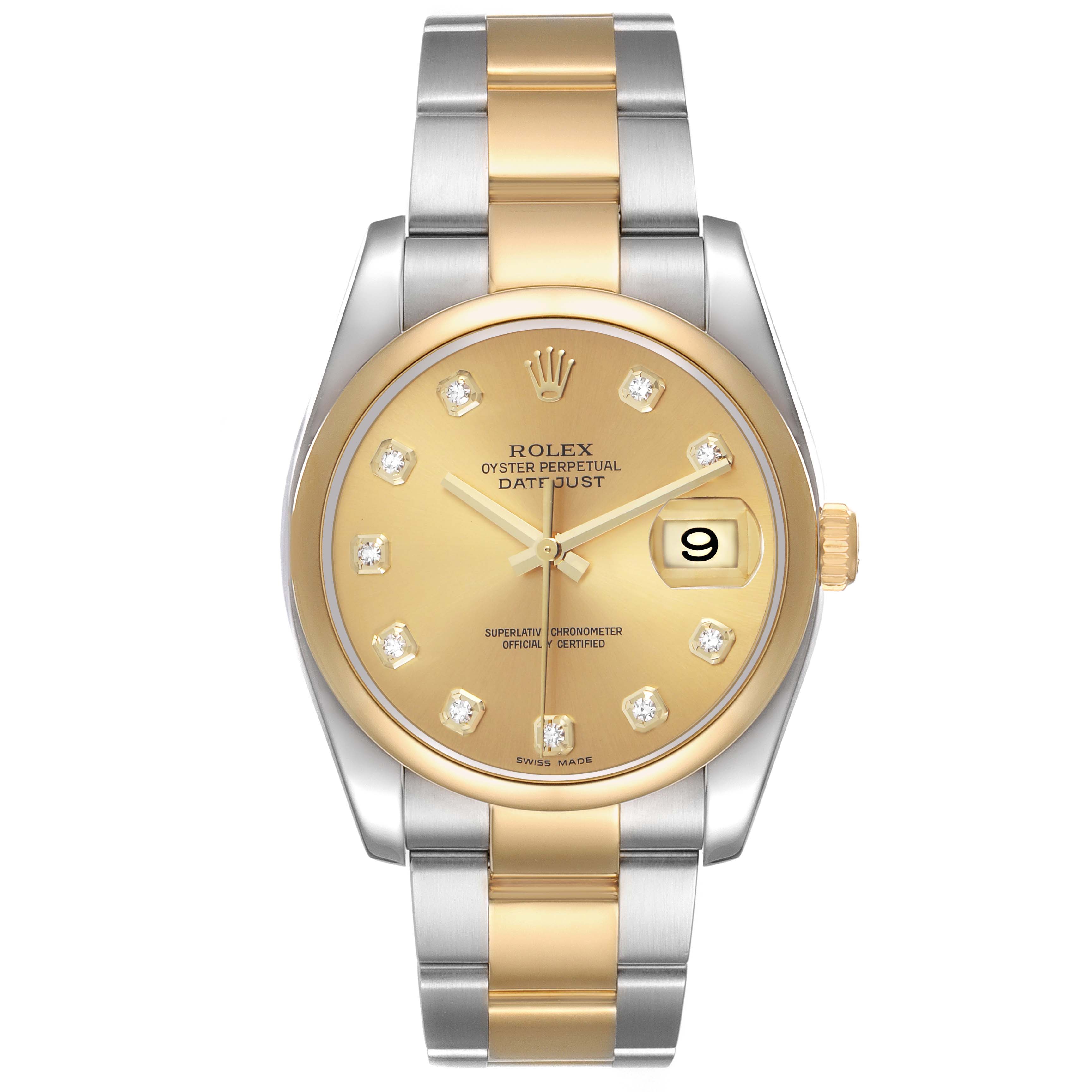 The Rolex Datejust 116203 Men's Steel and Gold (two tone) Champagne Dial watch is shown from a top view, highlighting its gold dial, bezel, and two-tone bracelet.