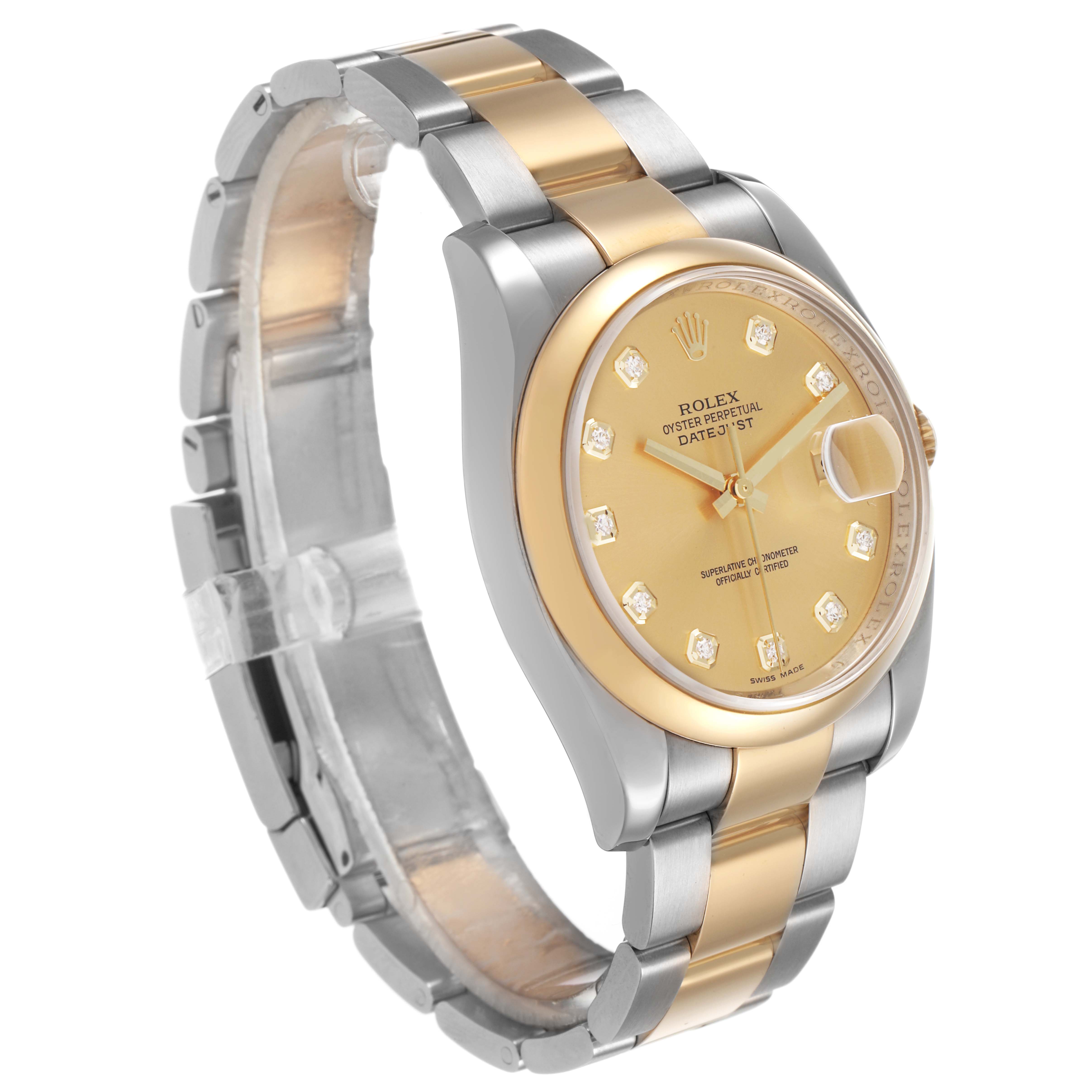 The Rolex Datejust 116203 Men's Steel and Gold (two tone) Champagne Dial watch is shown at a three-quarter angle, highlighting the bezel, dial, and bracelet.