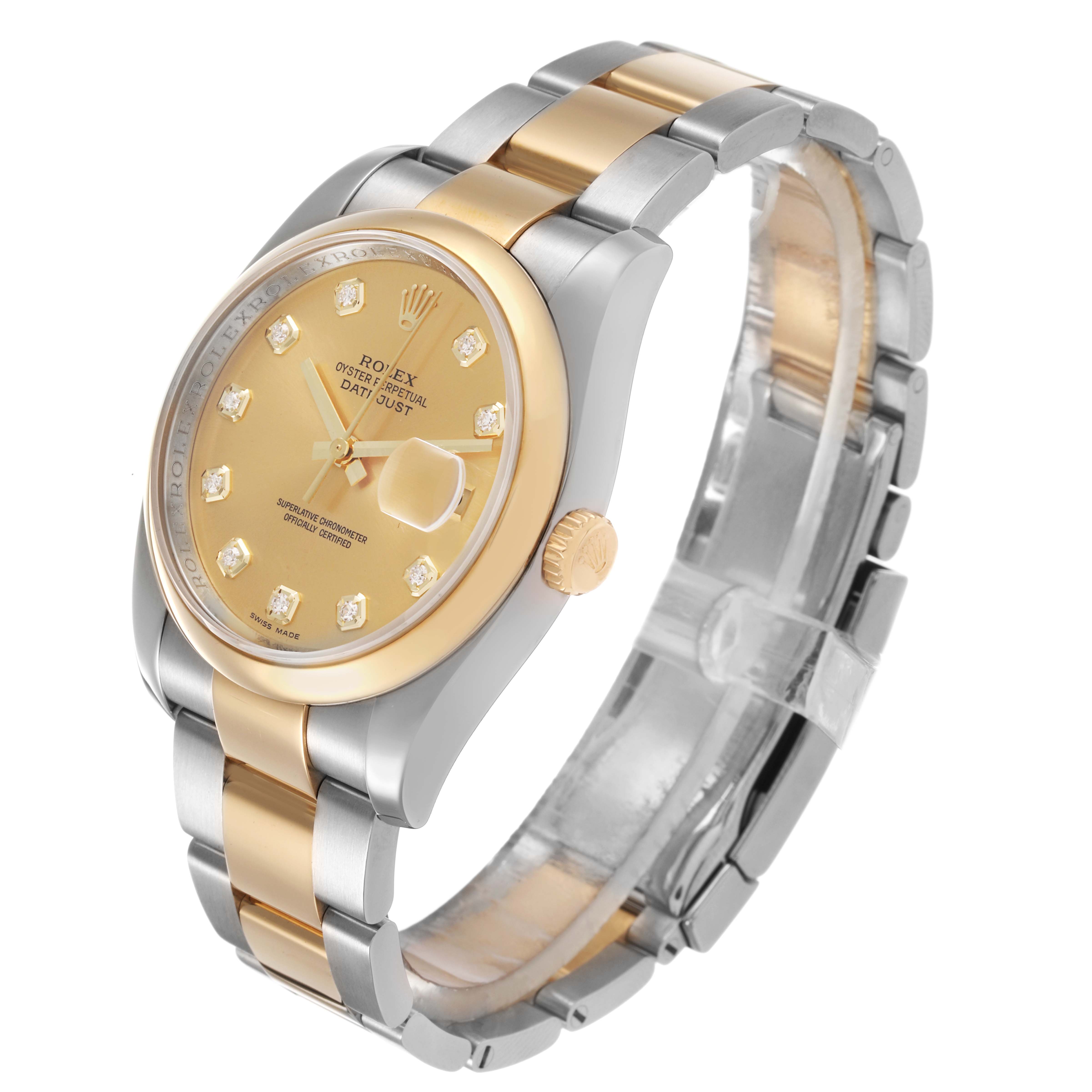 The Rolex Datejust 116203 Men's Steel and Gold (two tone) Champagne Dial watch is shown at a three-quarter angle, highlighting the dial, bezel, case, crown, and bracelet.