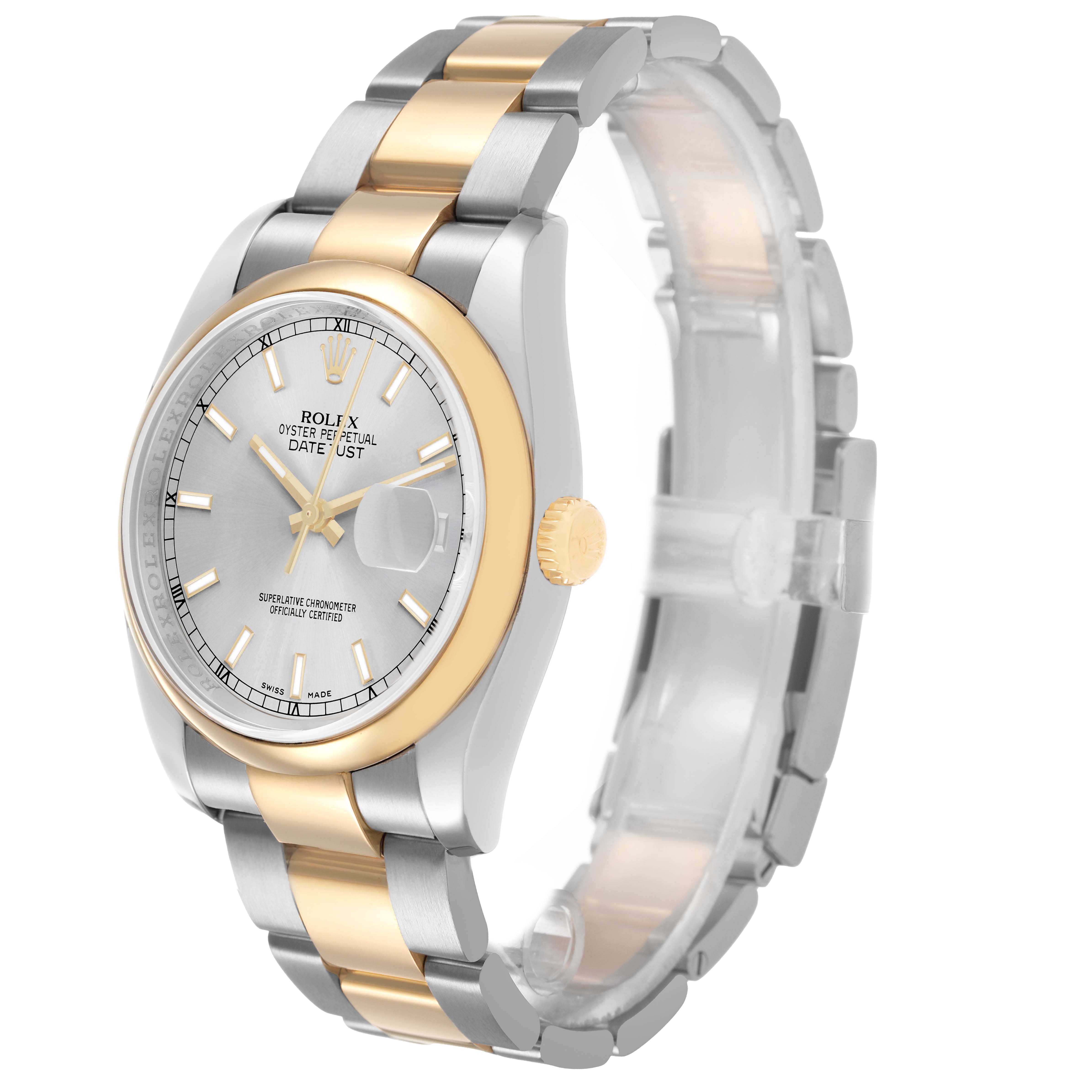 The Rolex Datejust 116203 Men's Steel and Gold (two tone) Silver Dial watch is shown at an angled side view, displaying the dial, bezel, crown, and bracelet.