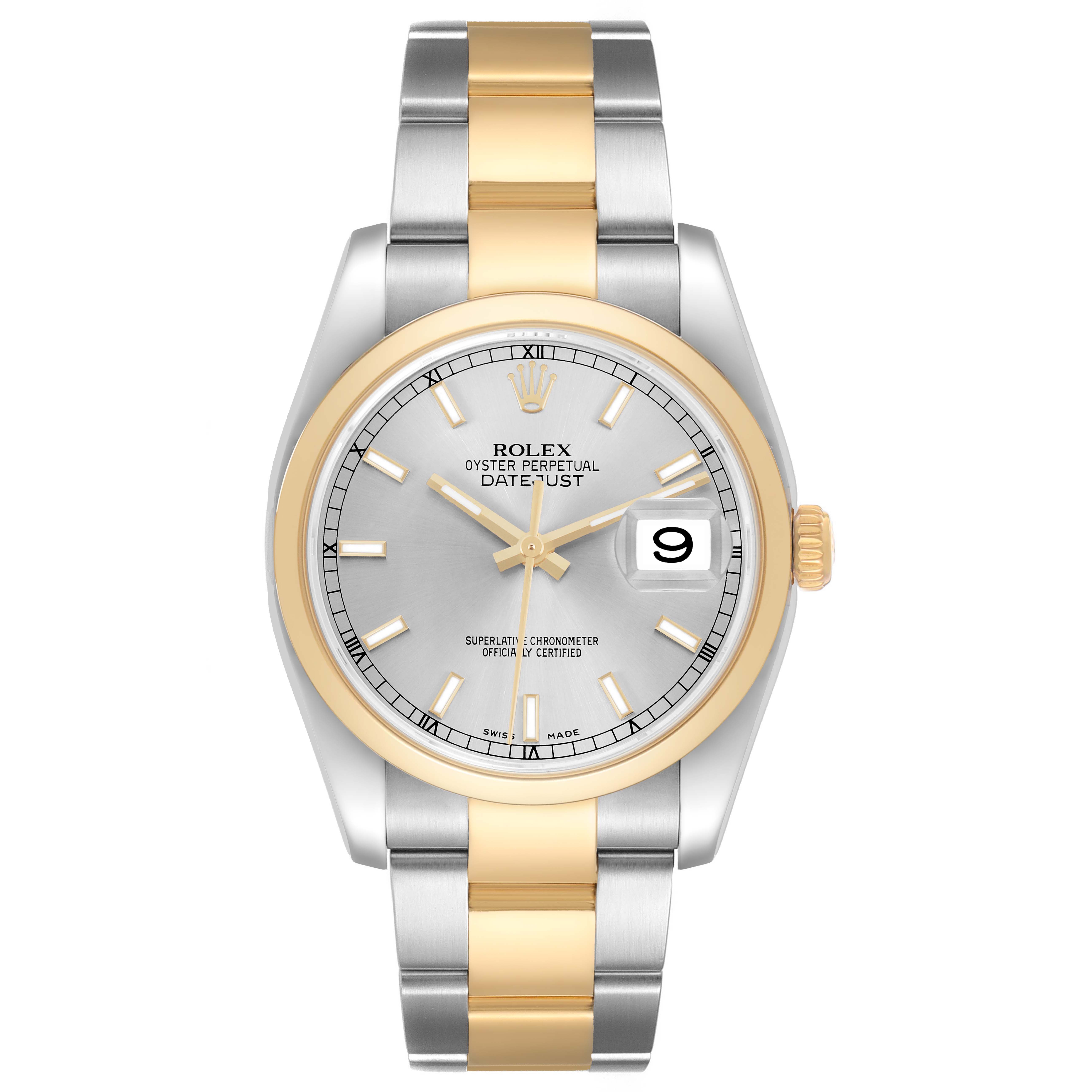 The Rolex Datejust 116203 Men's Steel and Gold (two tone) Silver Dial watch is shown from the front, displaying the dial, bezel, bracelet, and date window.