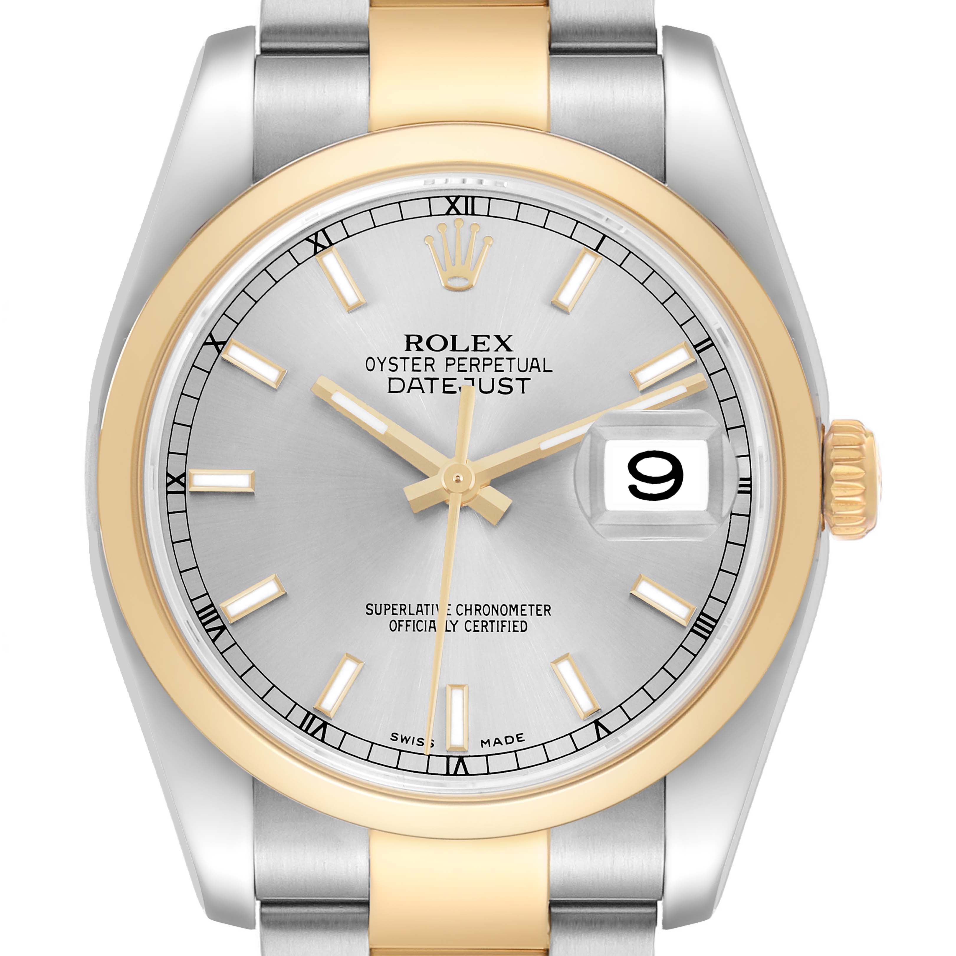 The Rolex Datejust 116203 Men's Steel and Gold (two tone) Silver Dial watch is shown from the front, highlighting the dial, bezel, and part of the bracelet.