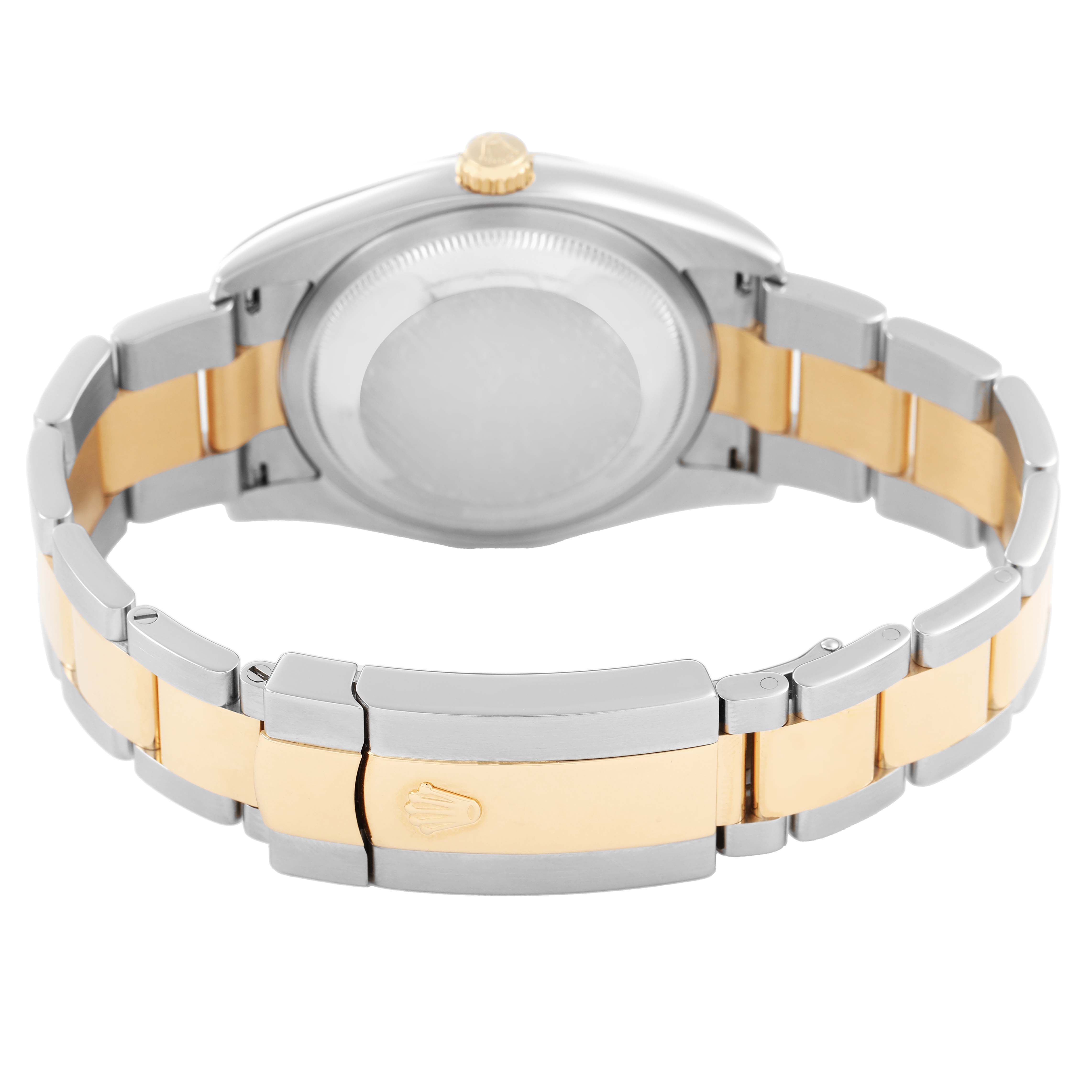 The image shows the case back and bracelet clasp of a Rolex Datejust 116203 Men's Steel and Gold (two tone) Silver Dial, highlighting its two-tone metal finish.