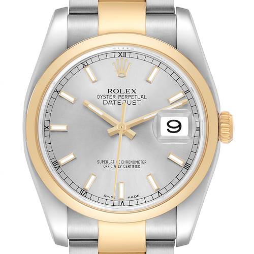 The Rolex Datejust 116203 Men's Steel and Gold (two tone) Silver Dial watch is shown from a top-down angle, displaying the face, bezel, and part of the bracelet.