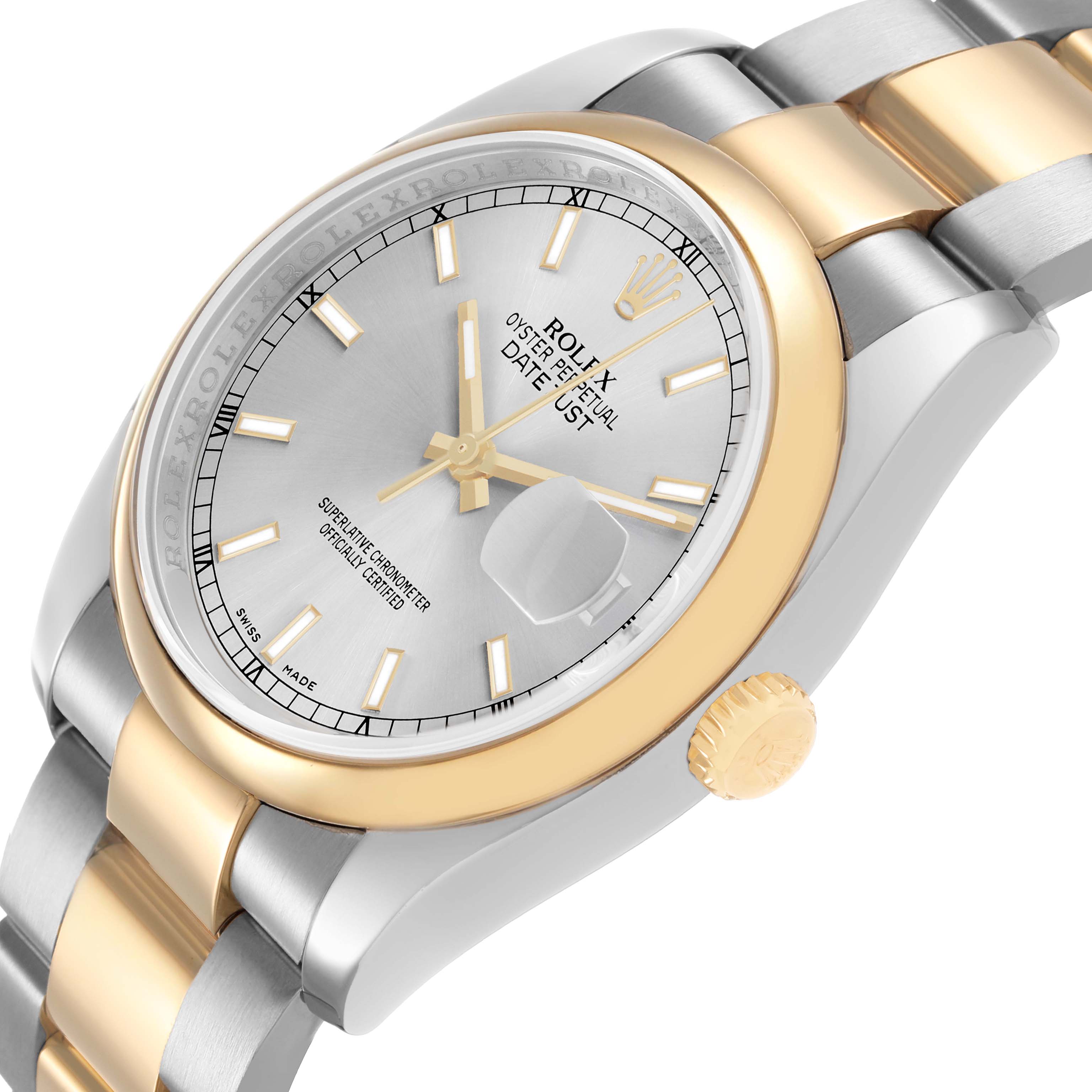 The Rolex Datejust 116203 Men's Steel and Gold (two tone) Silver Dial watch is shown at a slight angle, displaying the dial, bezel, crown, and two-tone bracelet.