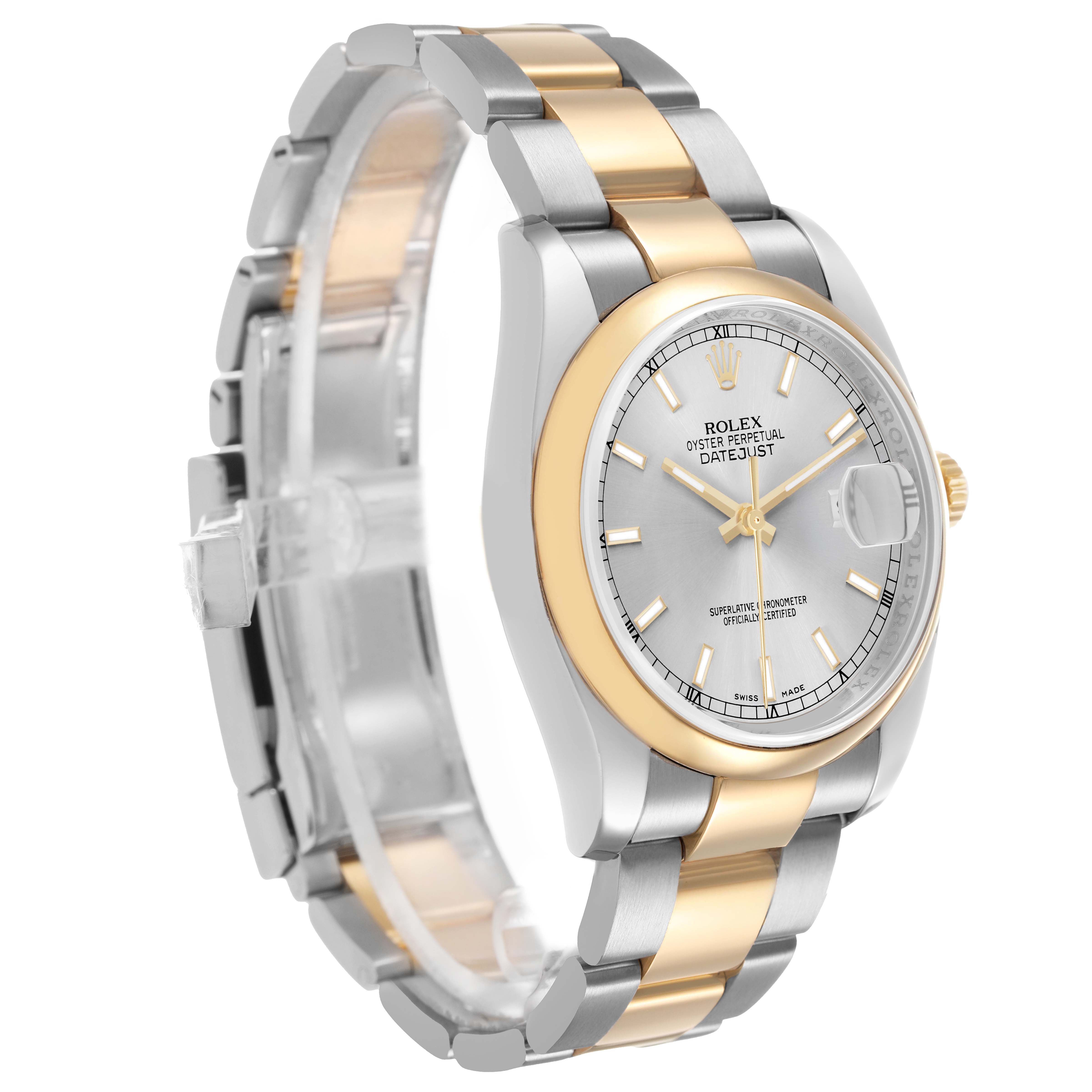 The Rolex Datejust 116203 Men's Steel and Gold (two tone) Silver Dial watch is shown at a three-quarter angle, displaying the dial, bezel, crown, and bracelet.