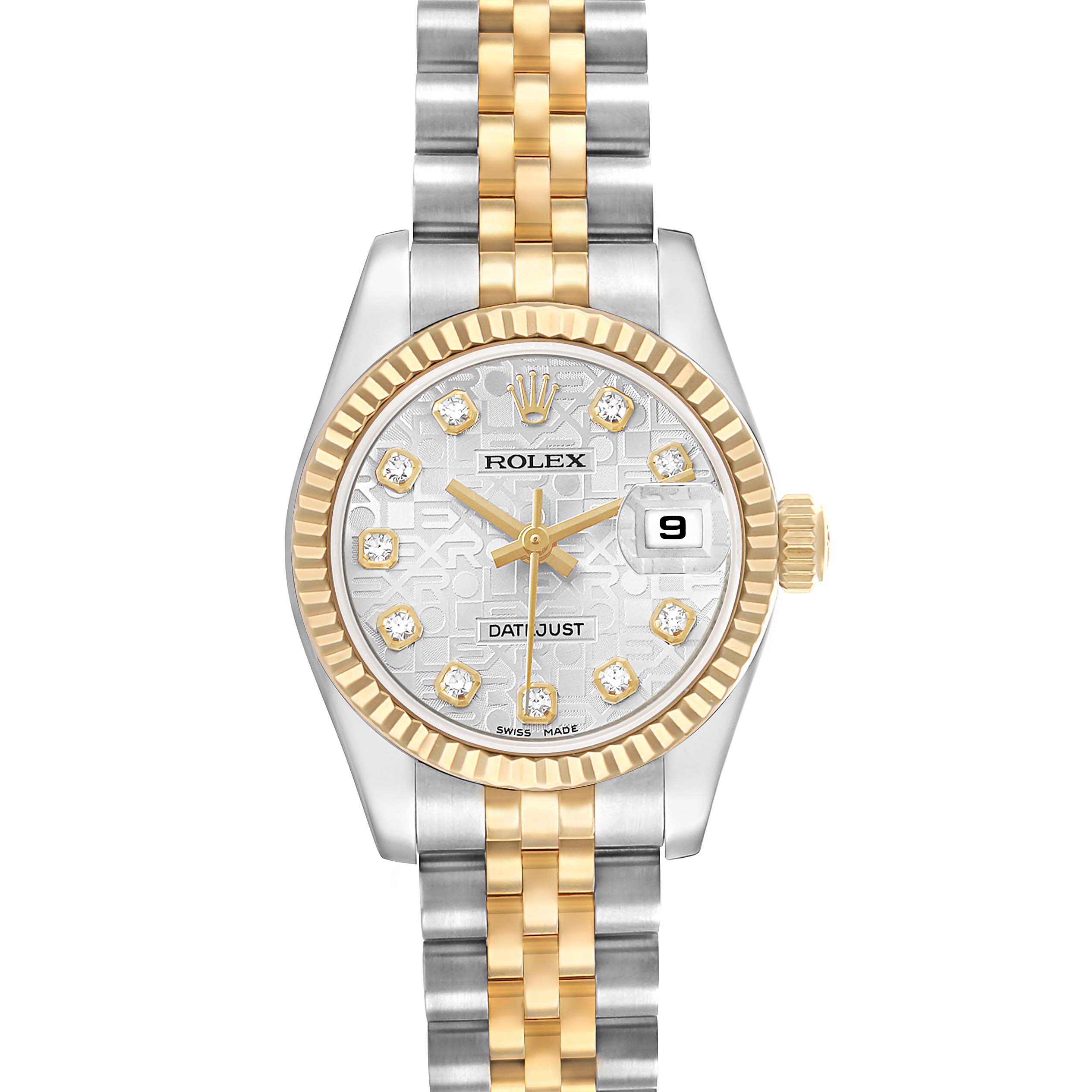 The Rolex Datejust 179173 Women's Steel and Gold (two tone) Silver Dial watch is shown from the front, highlighting its two-tone bracelet, patterned dial, and date feature.