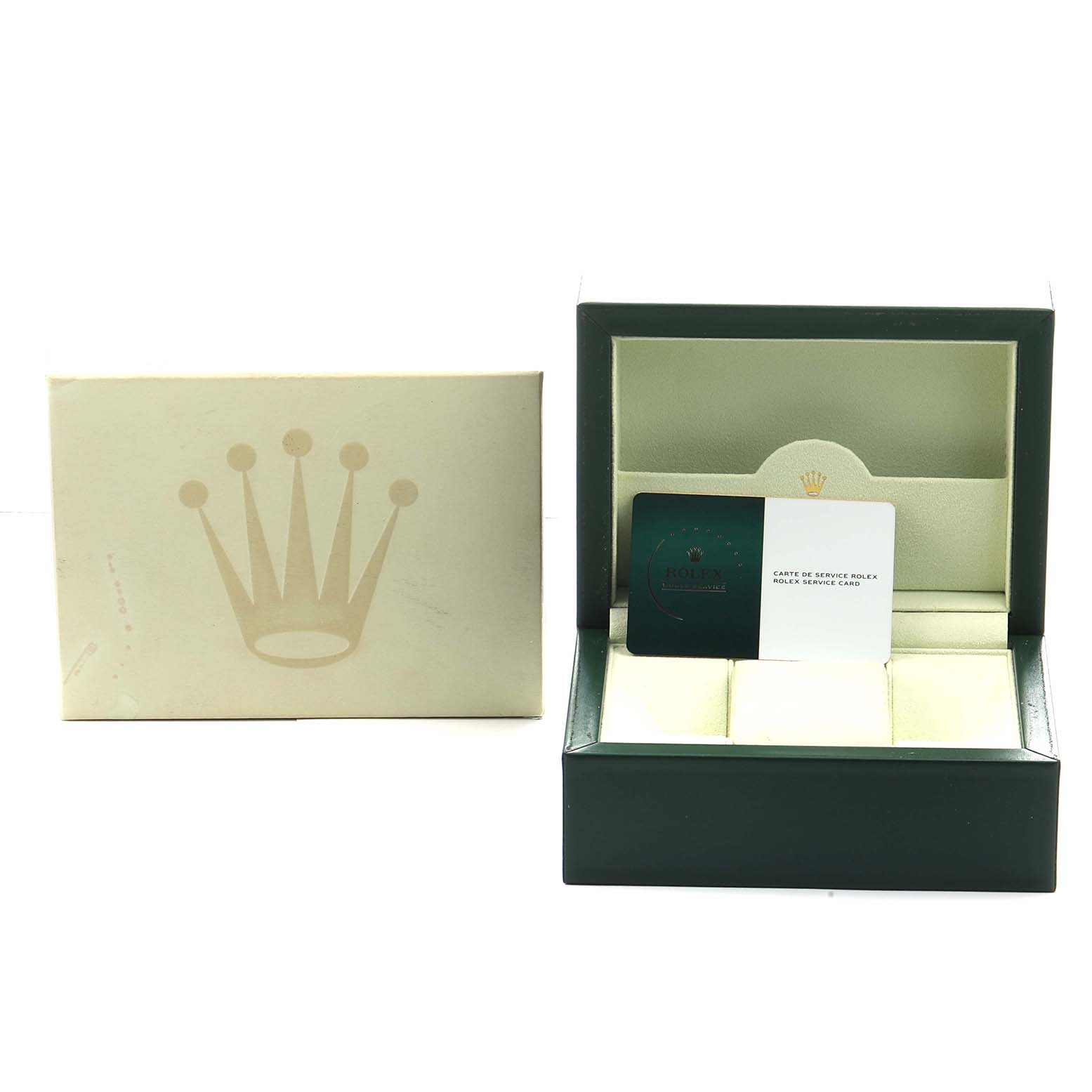 The image shows the inner and outer boxes with service manuals for a Rolex Datejust 179173 Women's Steel and Gold (two tone) Silver Dial watch, viewed from the front.