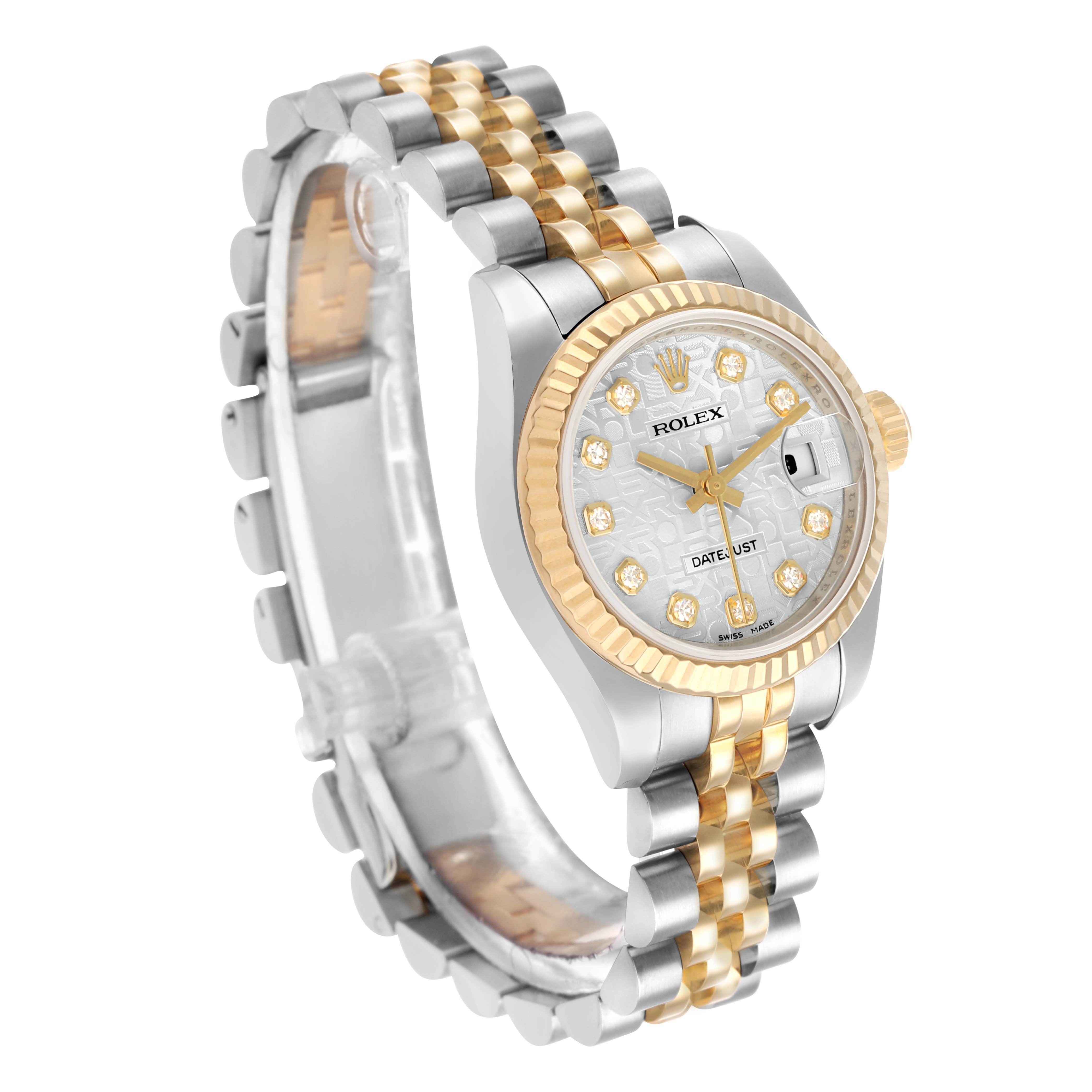 The Rolex Datejust 179173 Women's Steel and Gold (two tone) Silver Dial watch is shown at a three-quarter angle, highlighting the face, bezel, and bracelet.
