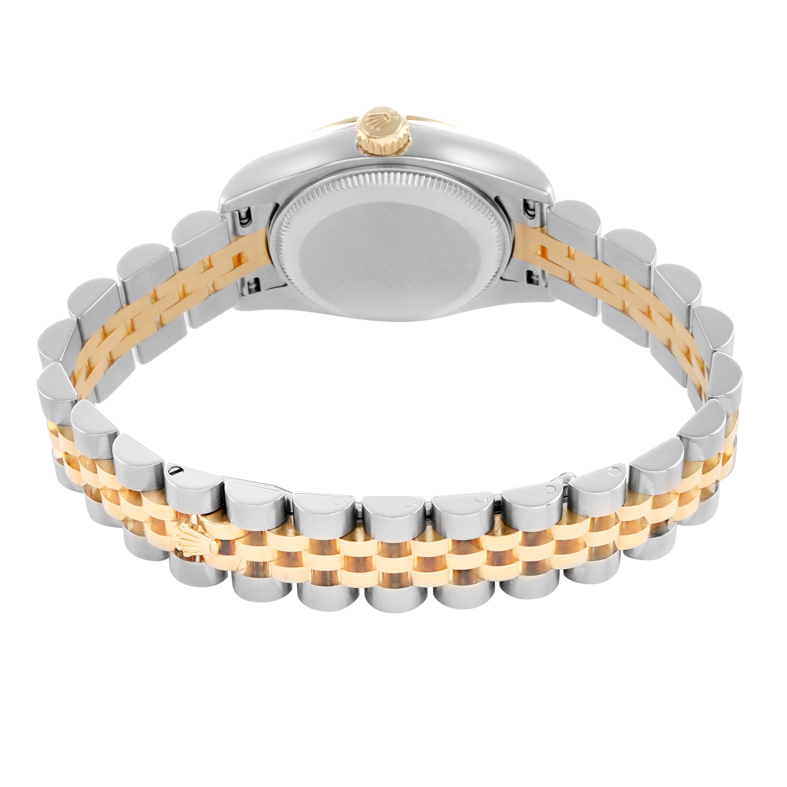 The image shows the back and bracelet of a Rolex Datejust 179173 Women's Steel and Gold (two tone) Silver Dial, highlighting the two-tone metal link design.