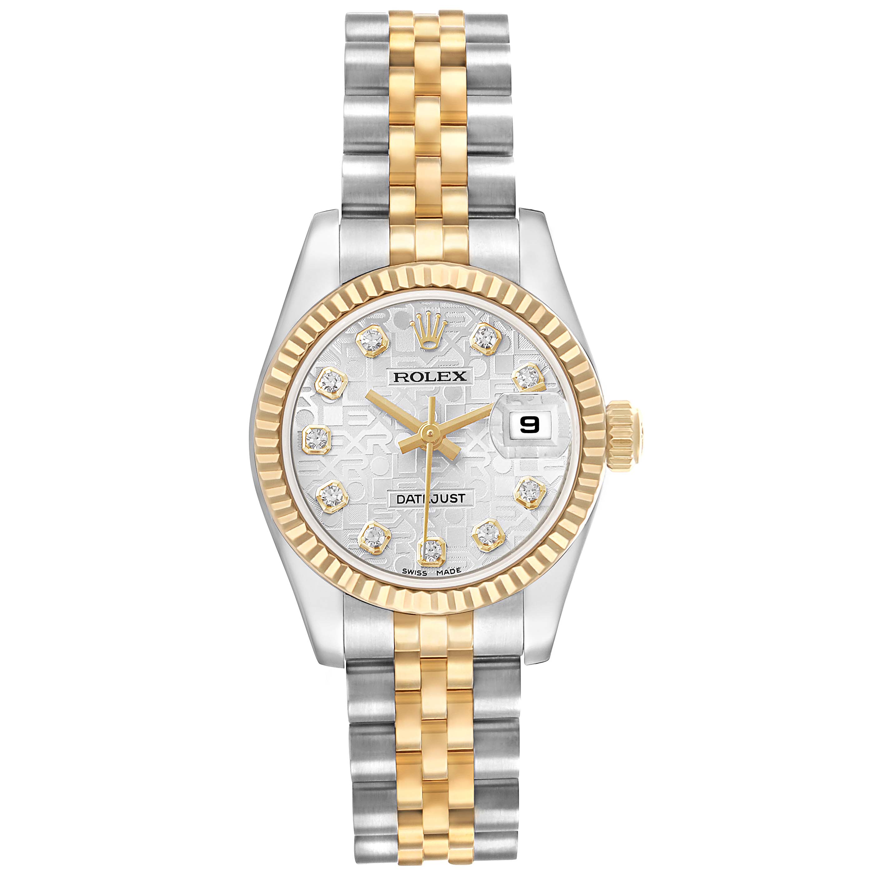 The Rolex Datejust 179173 Women's Steel and Gold (two tone) Silver Dial watch is shown from a top-down view, highlighting its face, bezel, and Jubilee bracelet.