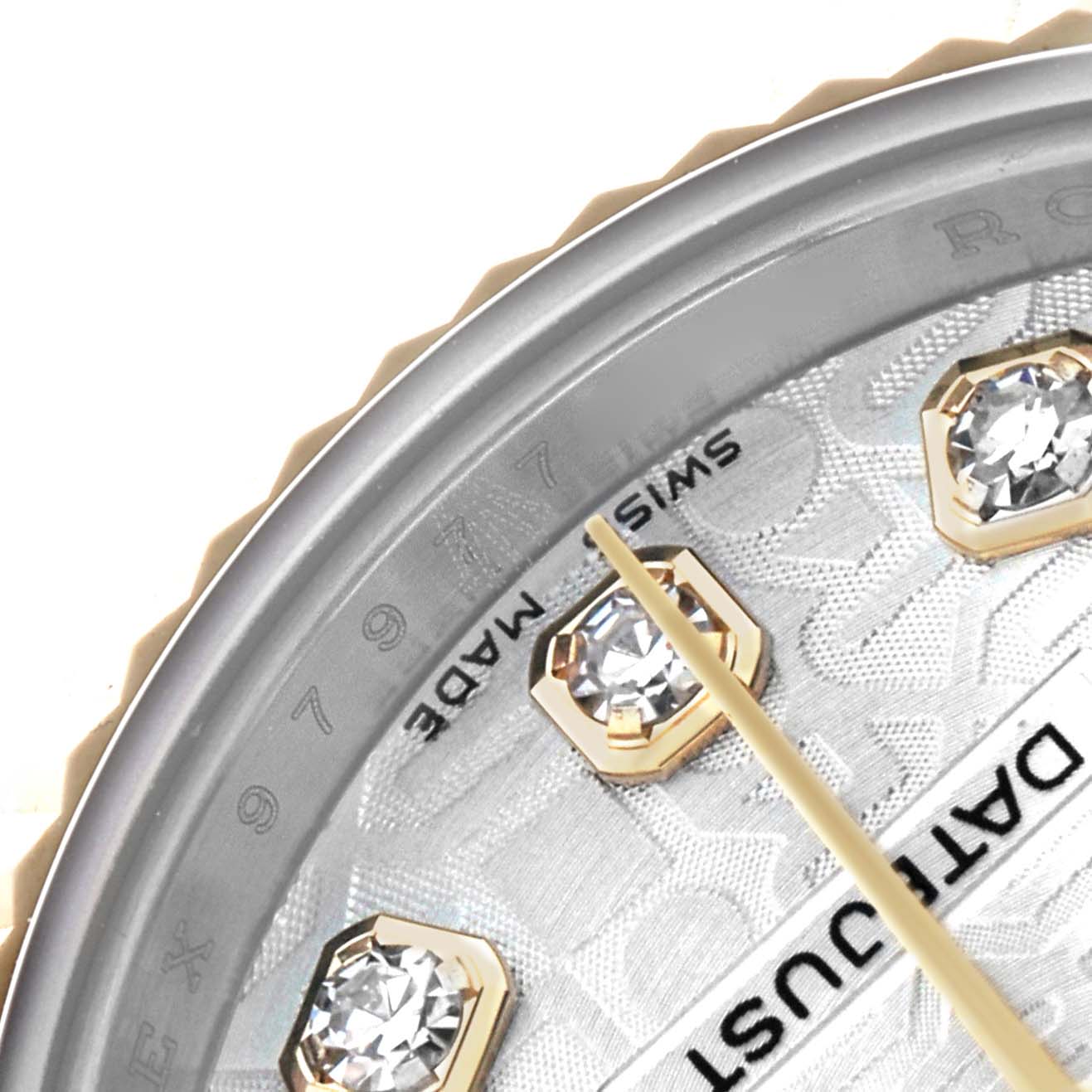 The image shows a close-up of the dial and diamond markers of a Rolex Datejust 179173 Women's Steel and Gold (two tone) Silver Dial, viewed from an angled top perspective.