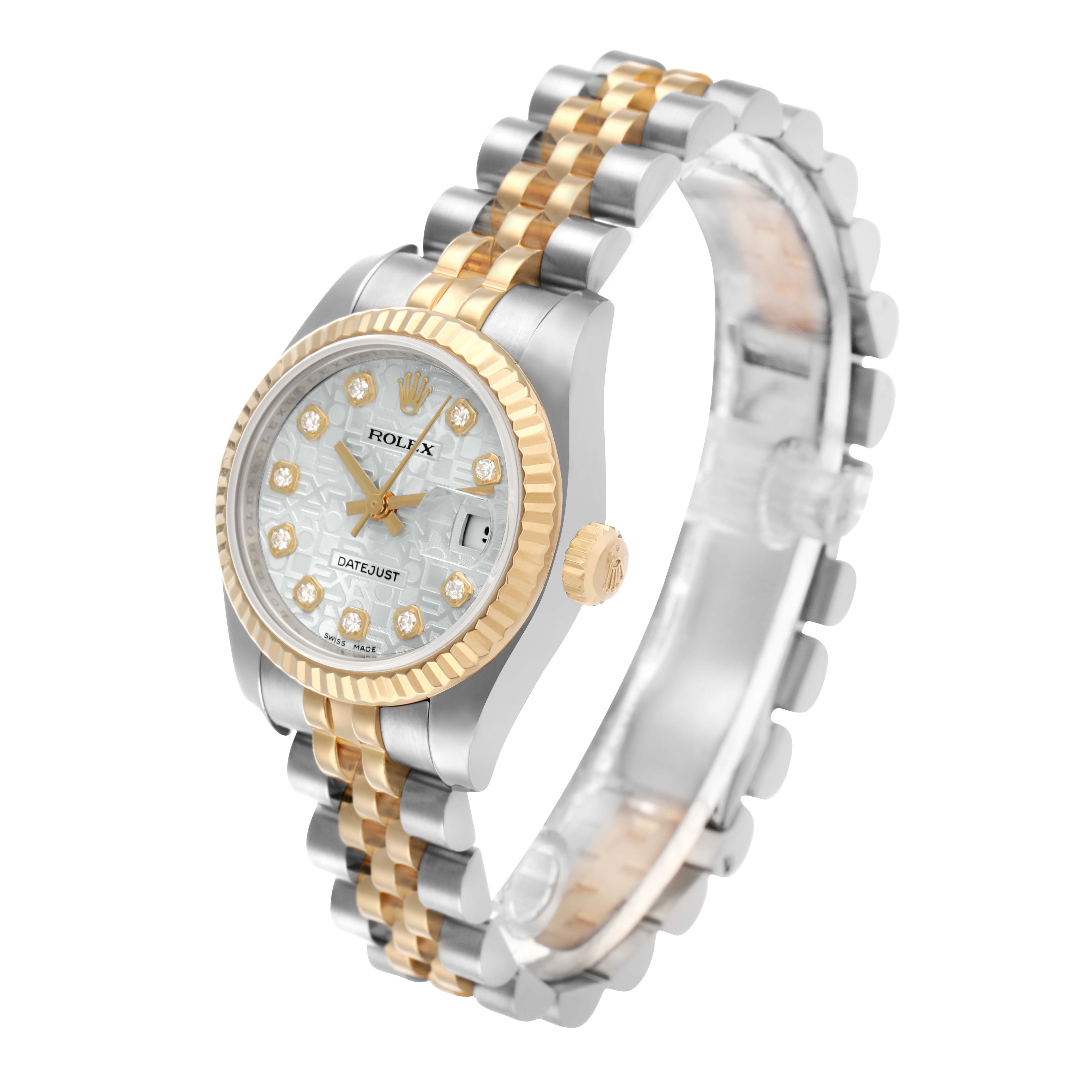 The Rolex Datejust 179173 Women's Steel and Gold (two tone) Silver Dial watch is shown at a front-side angle, highlighting the dial, bezel, and Jubilee bracelet.