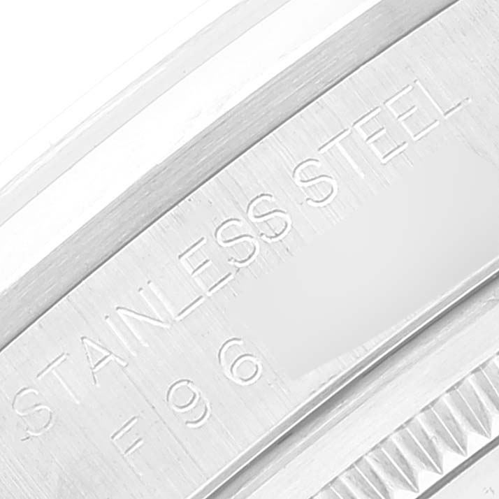 This close-up of a Rolex Datejust 16200 Men's Stainless Steel Silver Dial 16200 Men's Stainless Steel Silver Dial watch shows the engraved "STAINLESS STEEL" marking.