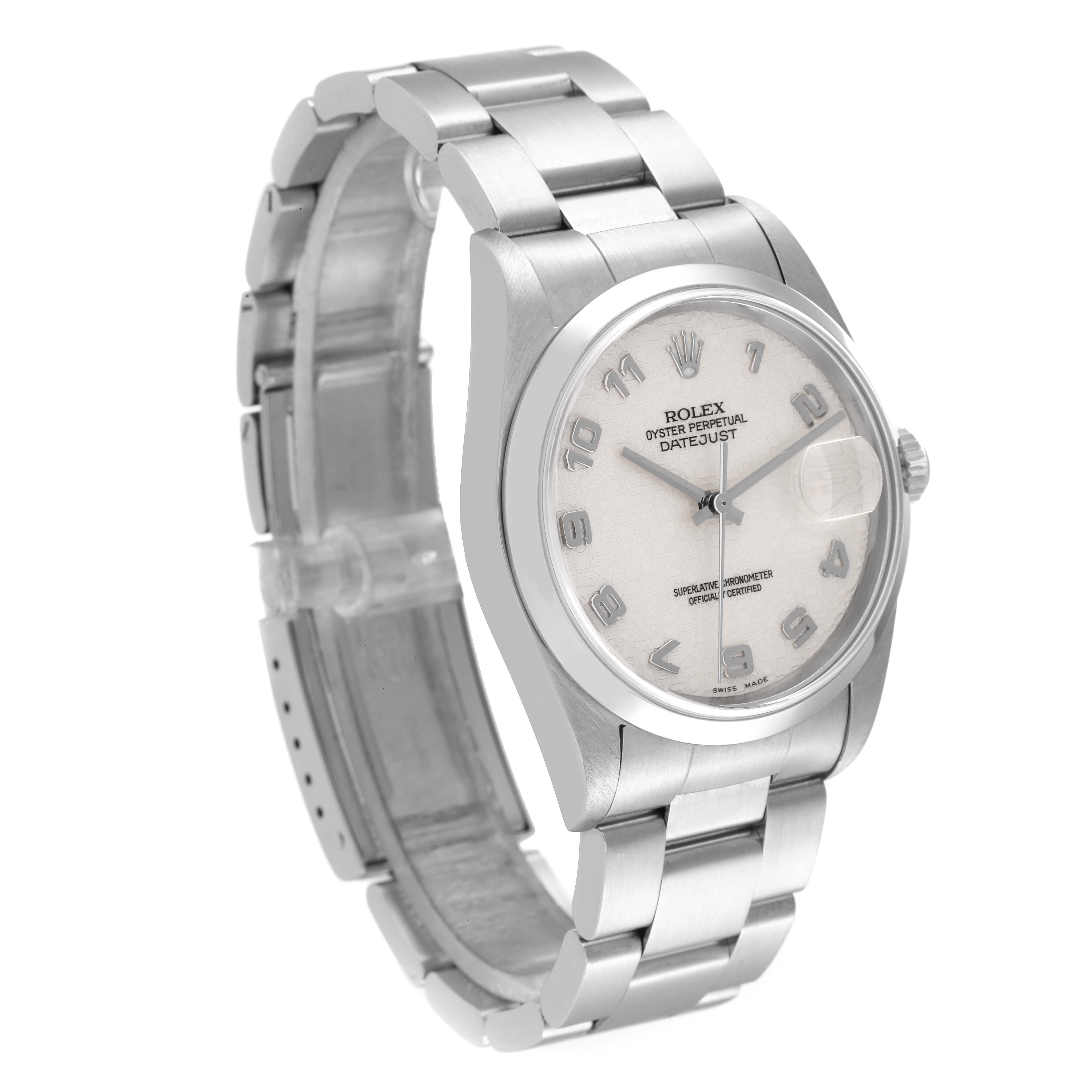 The image shows a Rolex Datejust 16200 Men's Stainless Steel Silver Dial 16200 Men's Stainless Steel Silver Dial watch from a three-quarters angle, displaying the face, bezel, and part of the bracelet.