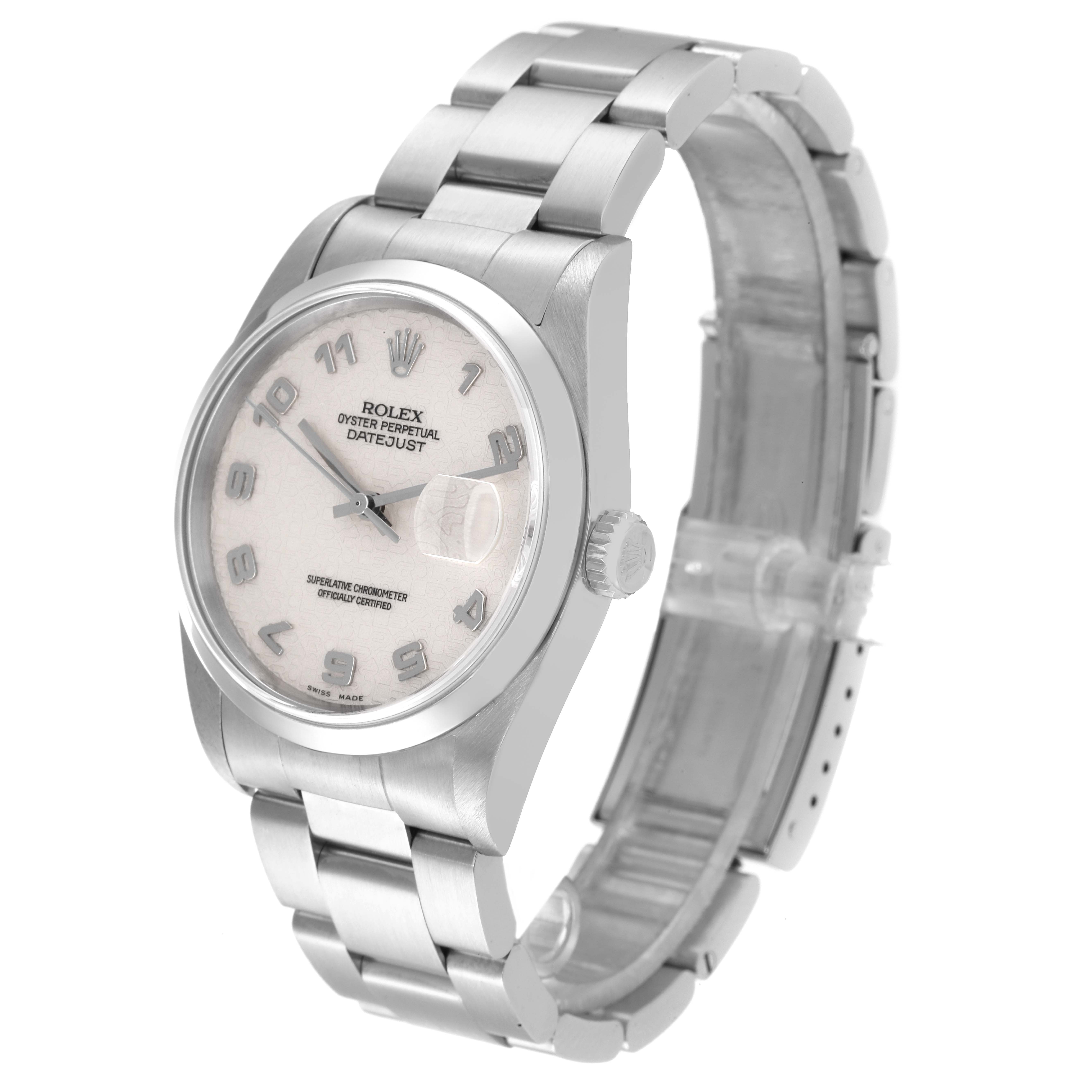 The Rolex Datejust 16200 Men's Stainless Steel Silver Dial 16200 Men's Stainless Steel Silver Dial watch is shown at a slight angle, featuring the face, crown, bezel, and part of the bracelet.