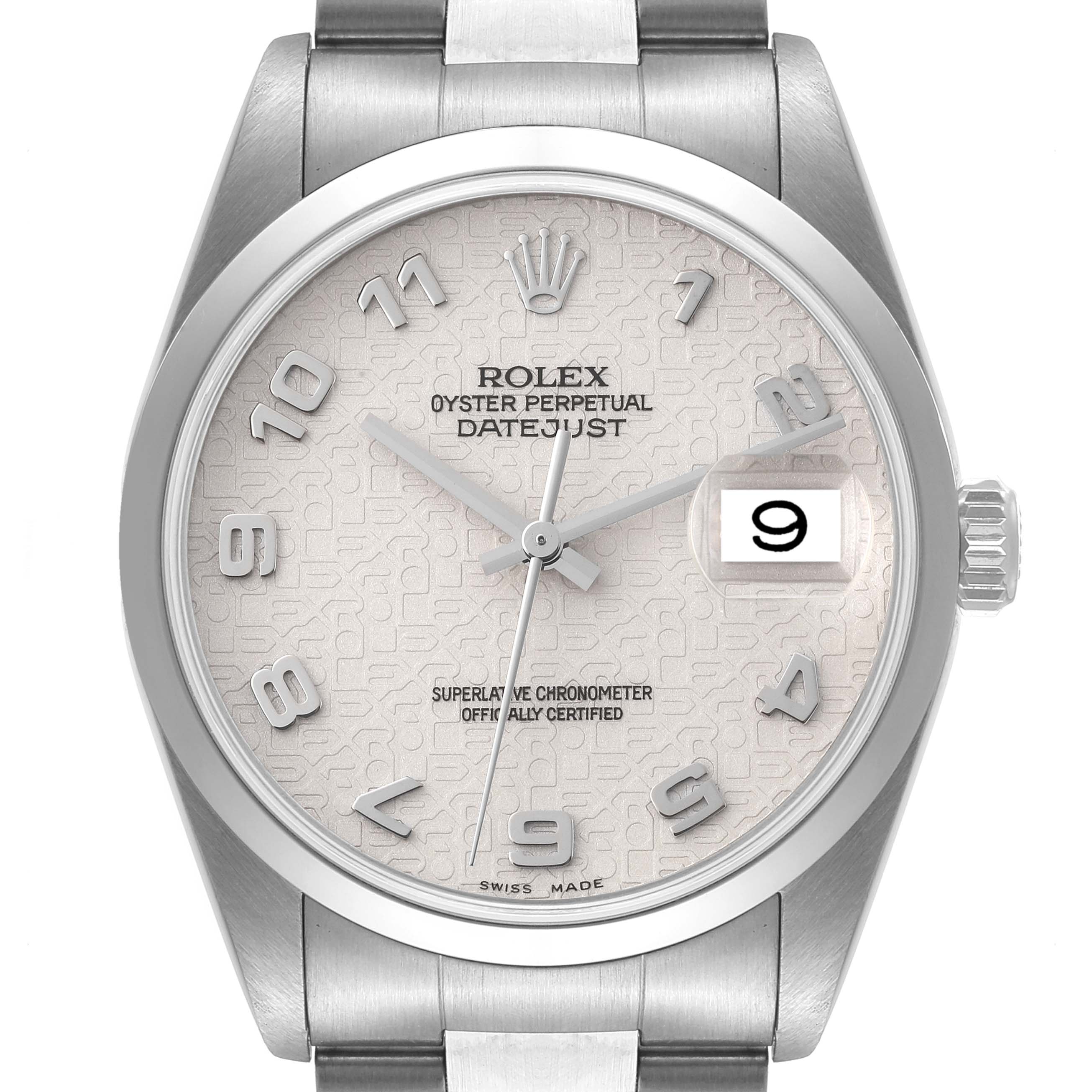This is a front view of the Rolex Datejust 16200 Men's Stainless Steel Silver Dial 16200 Men's Stainless Steel Silver Dial watch, showing the dial, hour markers, hands, date window, and part of the bracelet.