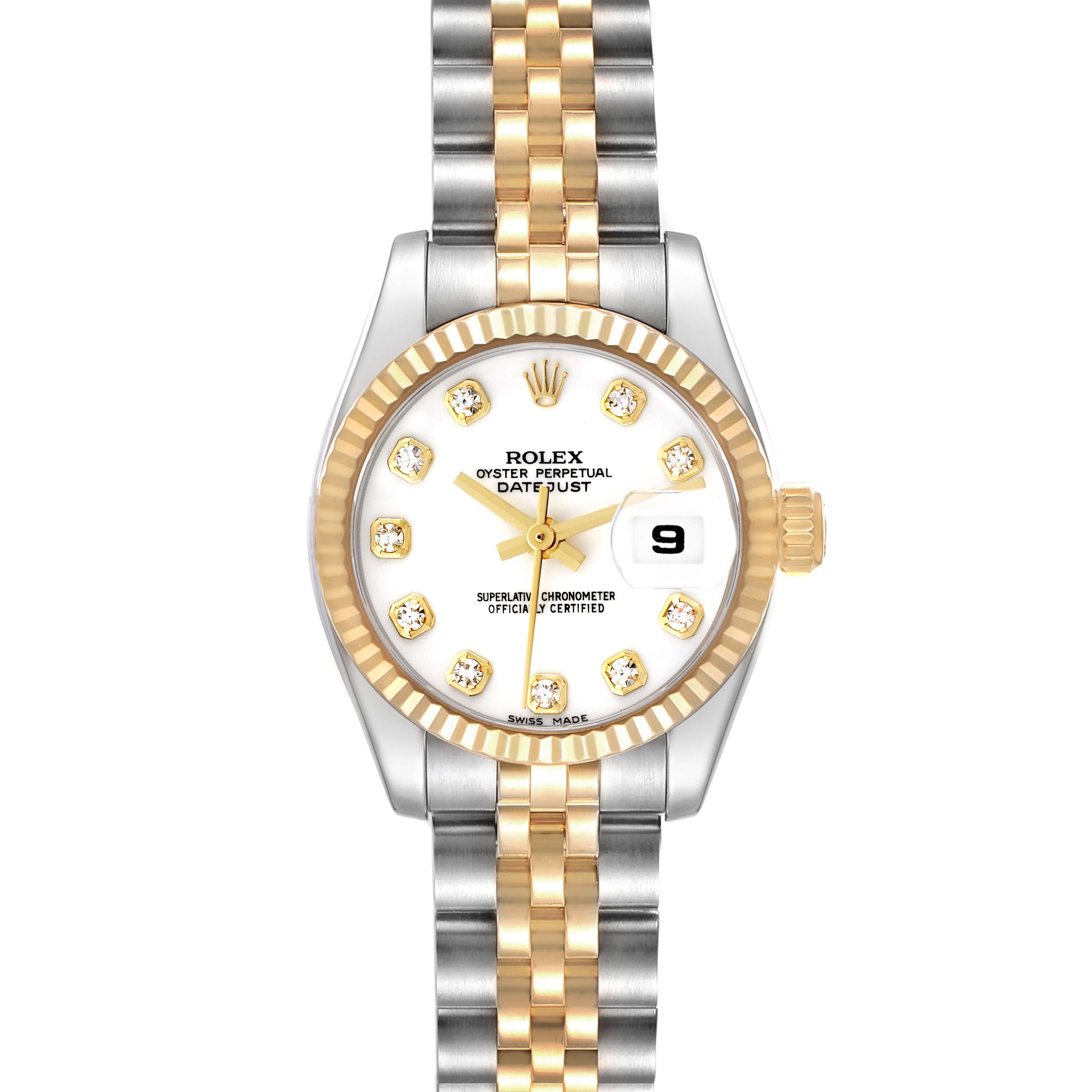 The Rolex Datejust 179173 Women's Steel and Gold (two tone) White Dial watch is shown from a top-down angle, displaying the face, bezel, crown, and bracelet.