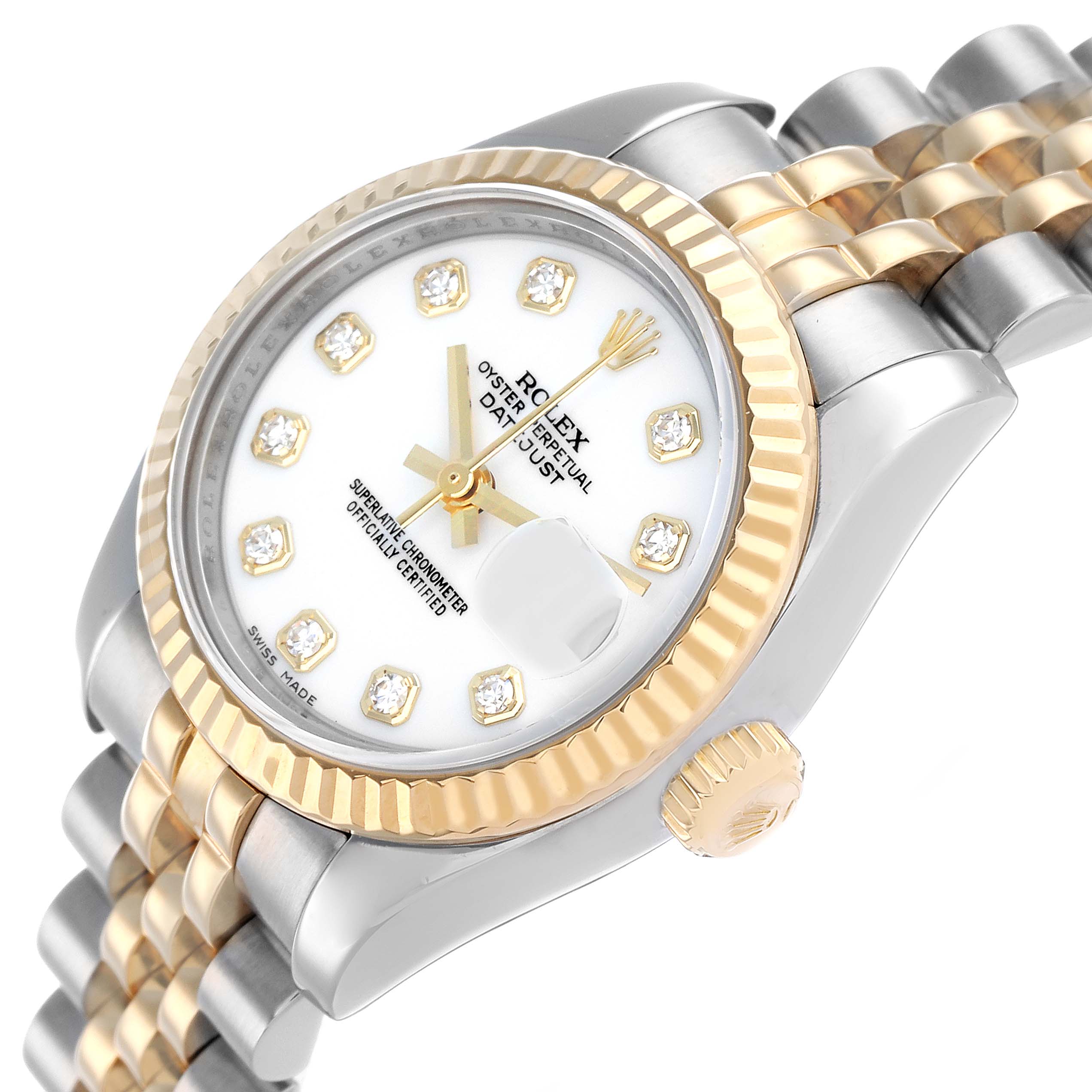 The Rolex Datejust 179173 Women's Steel and Gold (two tone) White Dial watch is shown at an angle highlighting its face, bezel, crown, and part of the bracelet.