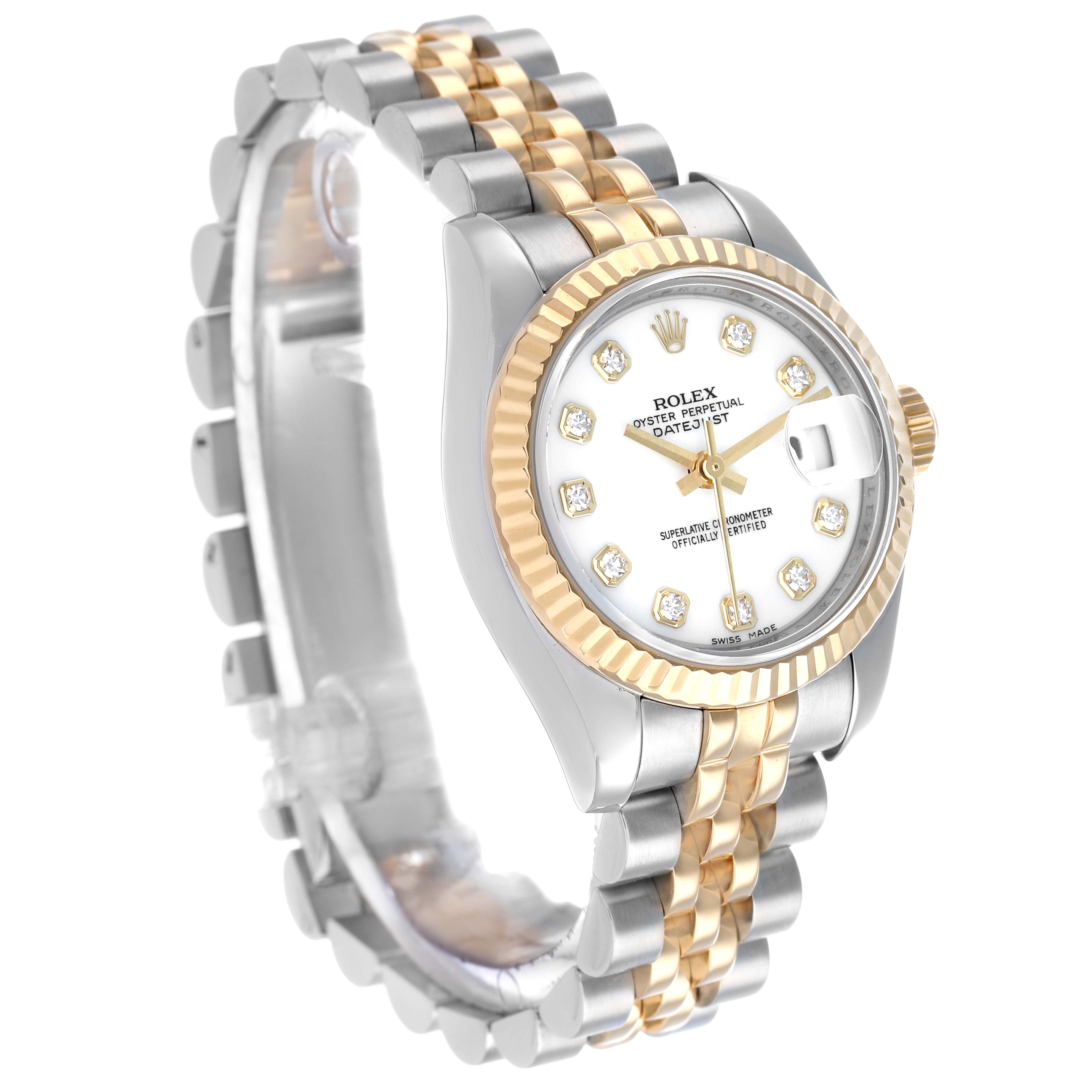 The Rolex Datejust 179173 Women's Steel and Gold (two tone) White Dial watch is shown at a three-quarter angle, highlighting the round face, bezel, bracelet, and crown.