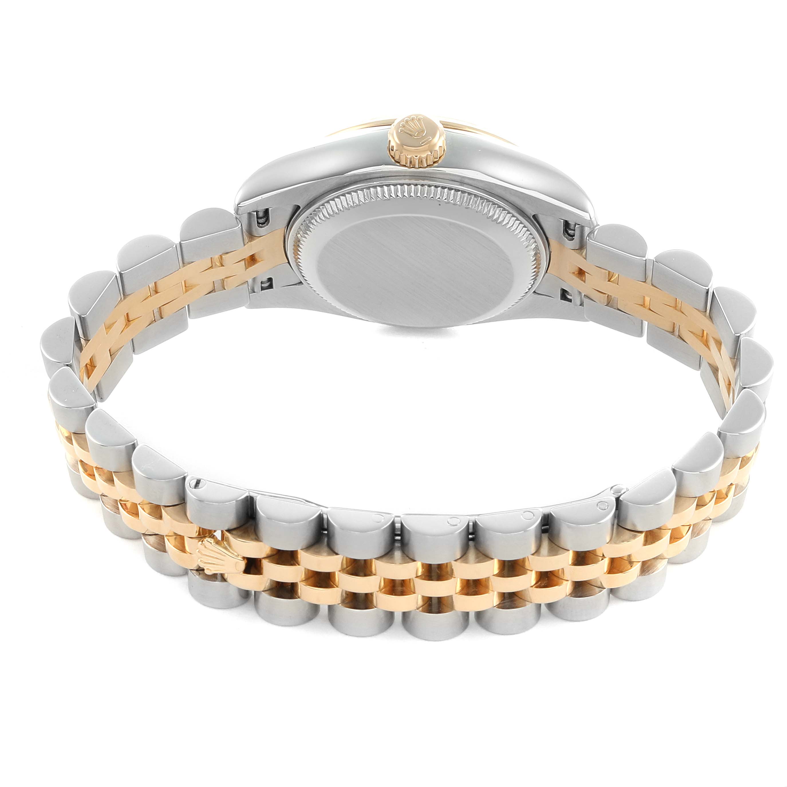 This image shows the back of a Rolex Datejust 179173 Women's Steel and Gold (two tone) White Dial, featuring the case back, crown, and two-tone bracelet.