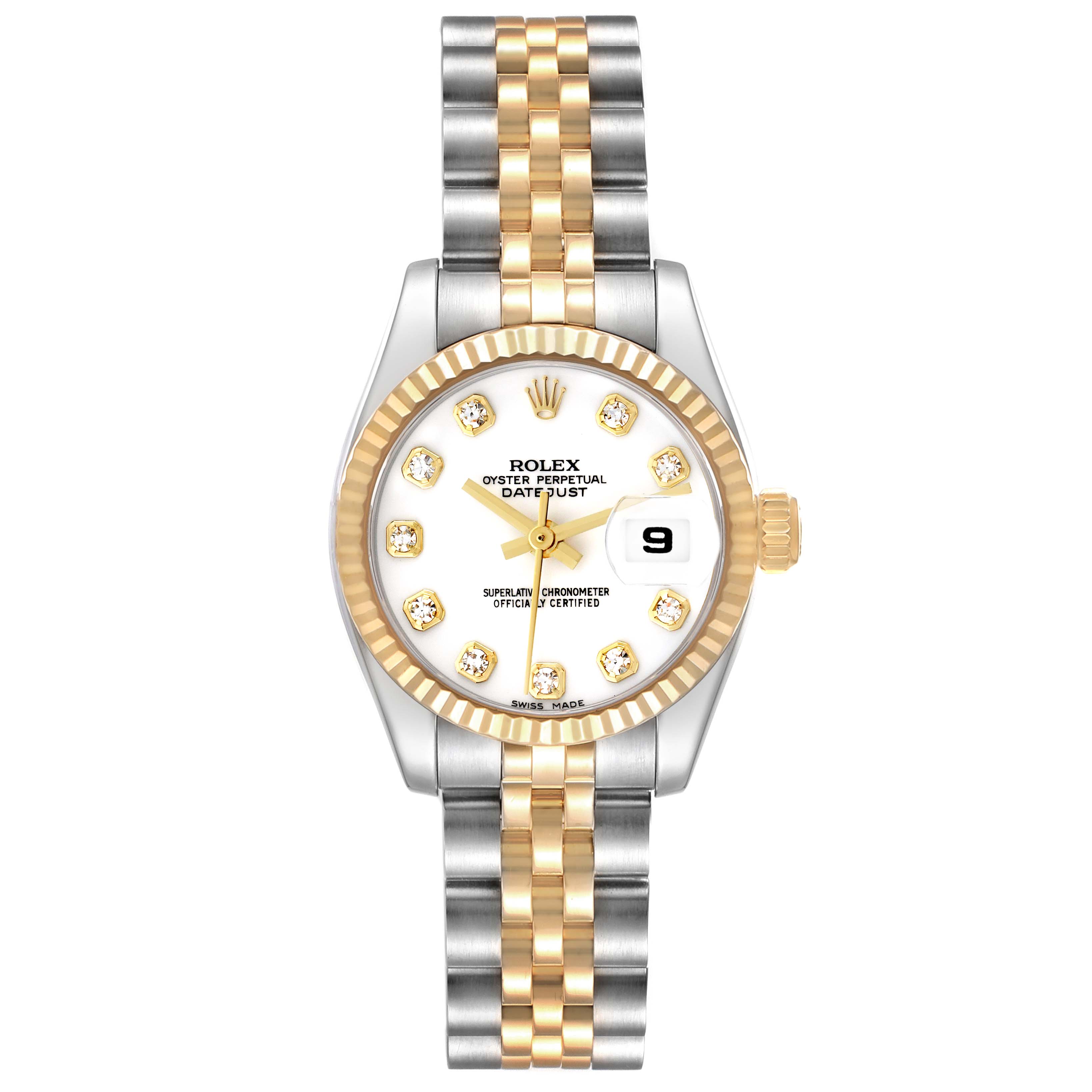 The Rolex Datejust 179173 Women's Steel and Gold (two tone) White Dial is shown from a front angle, displaying the dial, bezel, and two-tone bracelet.