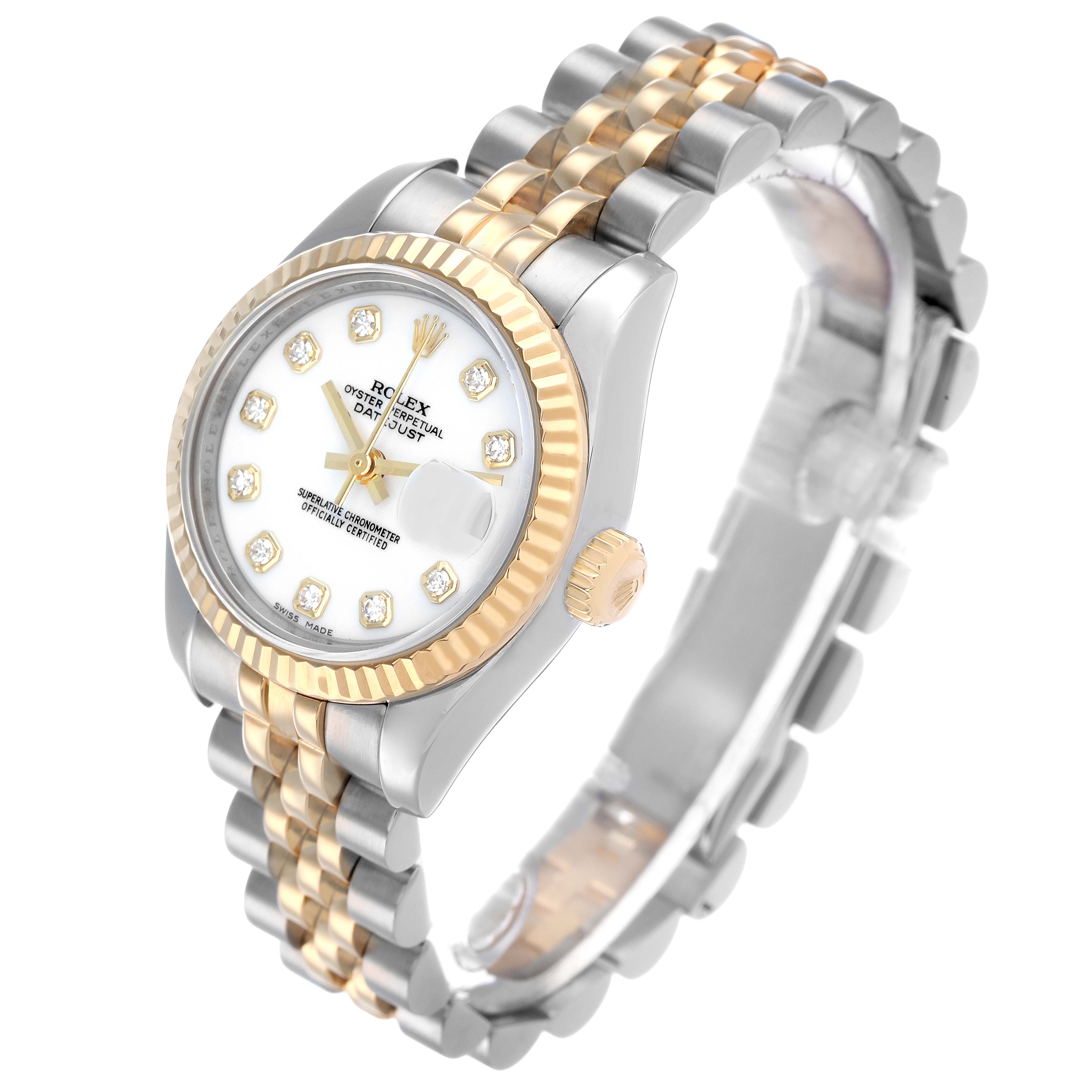 The Rolex Datejust 179173 Women's Steel and Gold (two tone) White Dial watch is shown at a slight side angle, highlighting the dial, bezel, and bracelet.