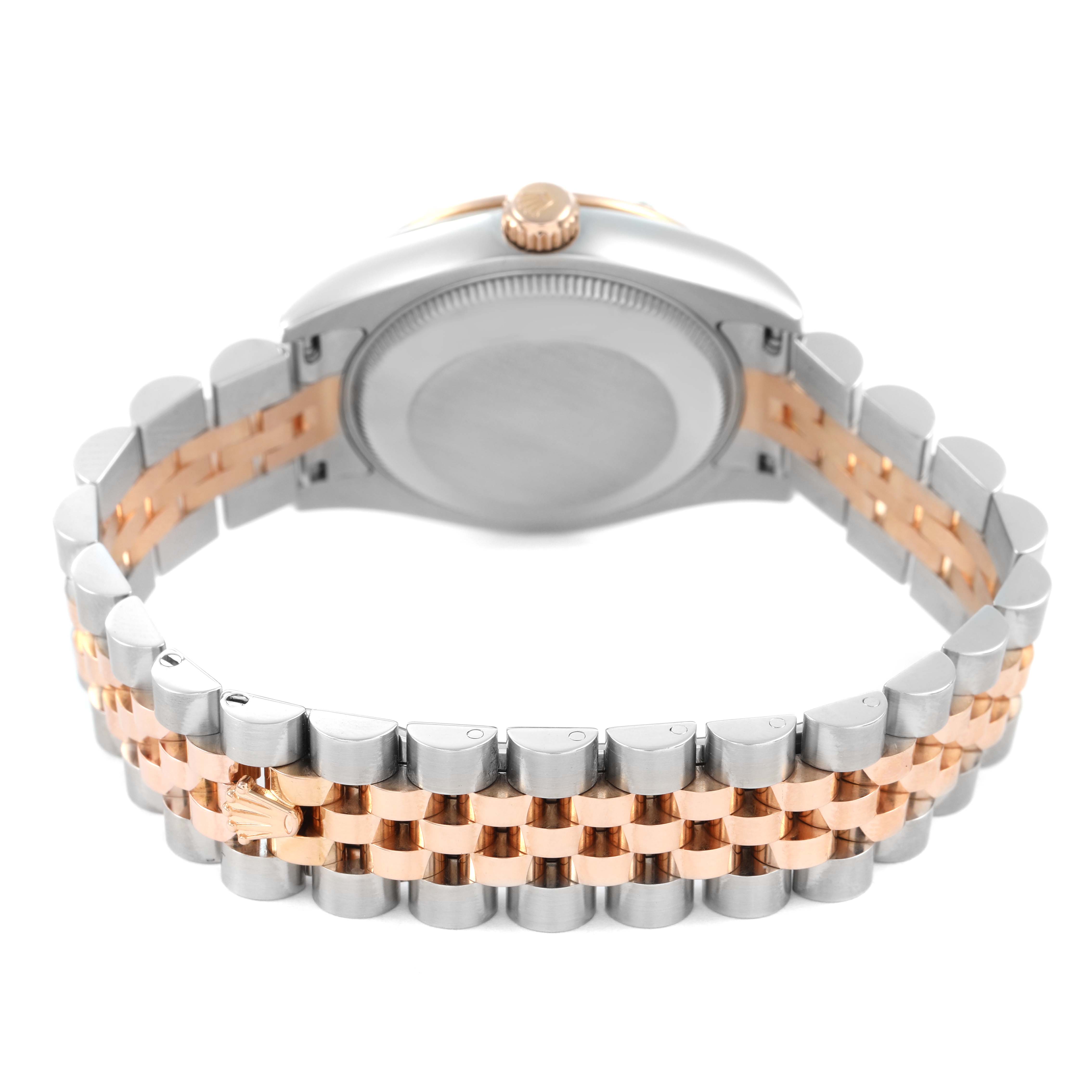 This image shows the back of a Rolex Datejust 178341 Women's Steel and Gold (two tone) Black Dial, highlighting the case back and two-tone bracelet.