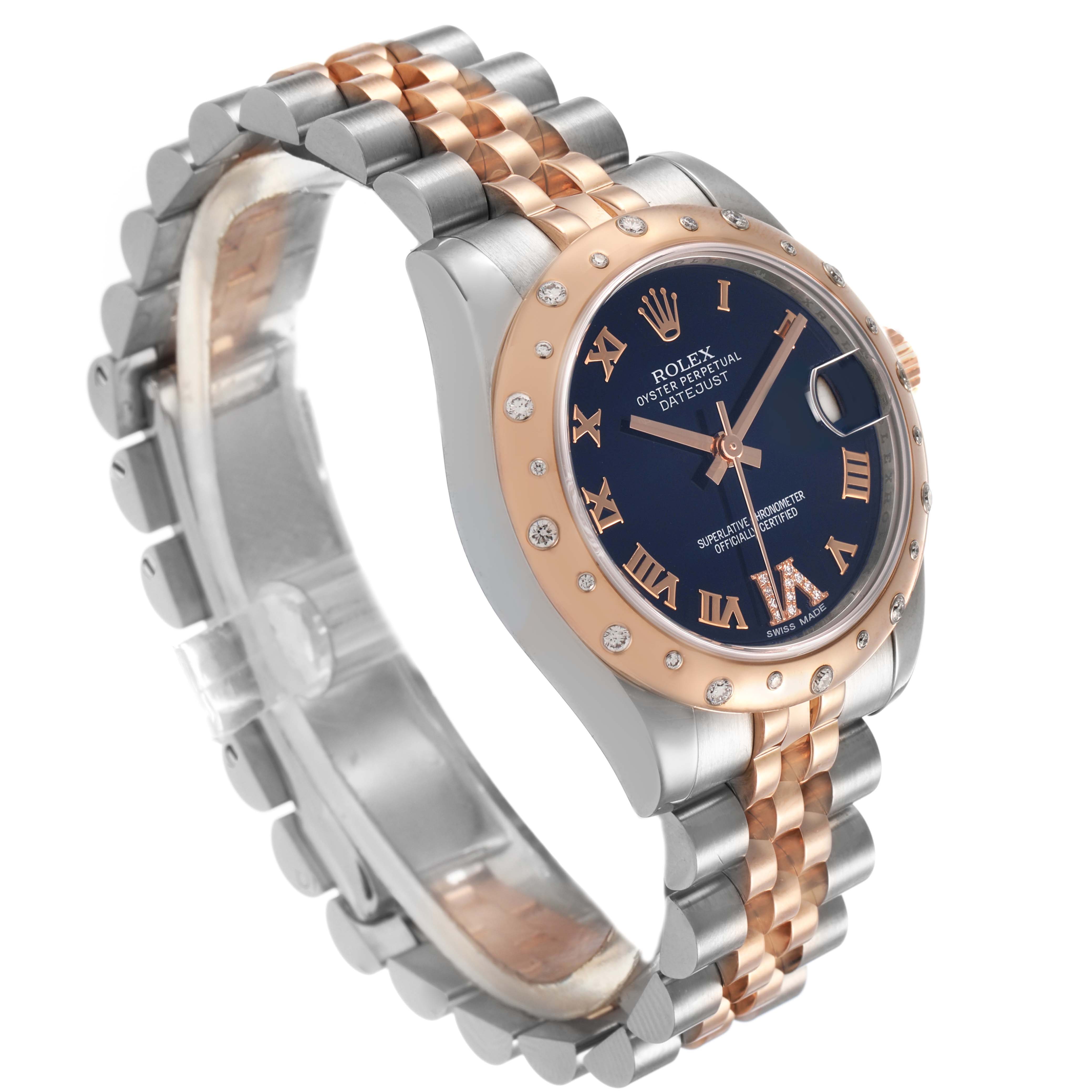 The Rolex Datejust 178341 Women's Steel and Gold (two tone) Black Dial watch is shown at a three-quarter angle, highlighting the dial, bezel, and Jubilee bracelet.