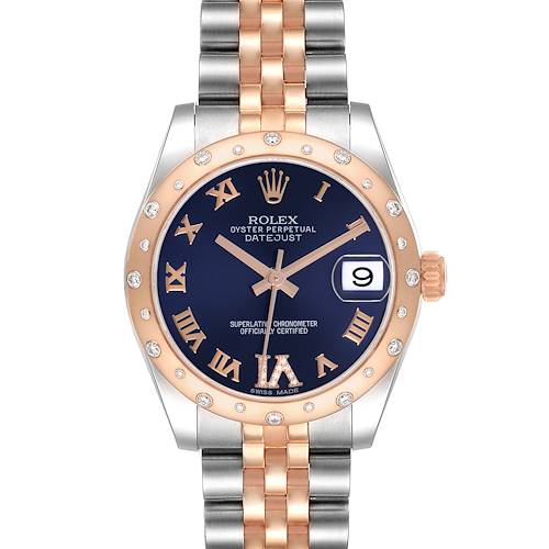 The Rolex Datejust 178341 Women's Steel and Gold (two tone) Black Dial watch is shown from a front angle, highlighting its dial, bezel, and bracelet.
