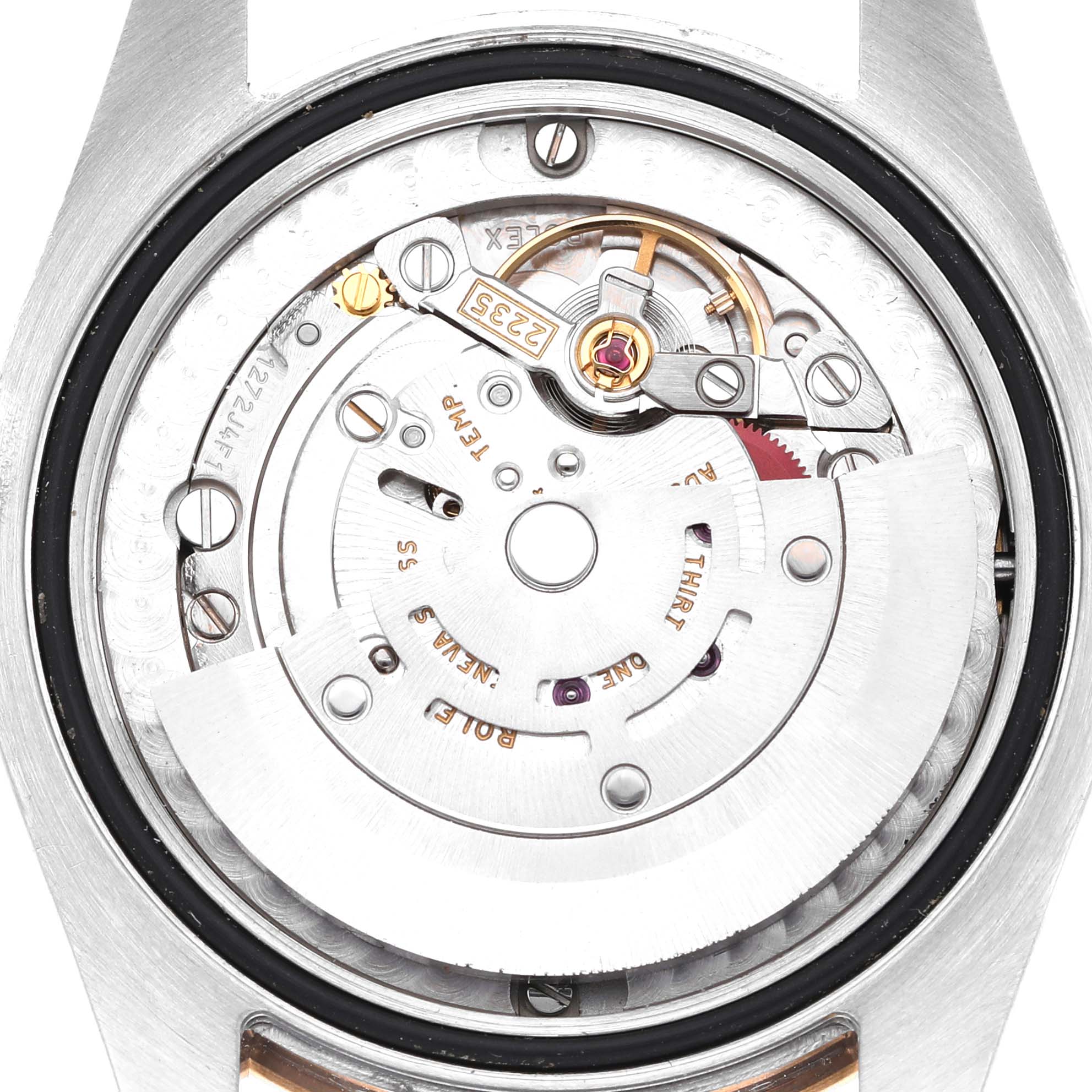 The image shows the movement from the back of a Rolex Datejust 178341 Women's Steel and Gold (two tone) Black Dial, highlighting its mechanical components.