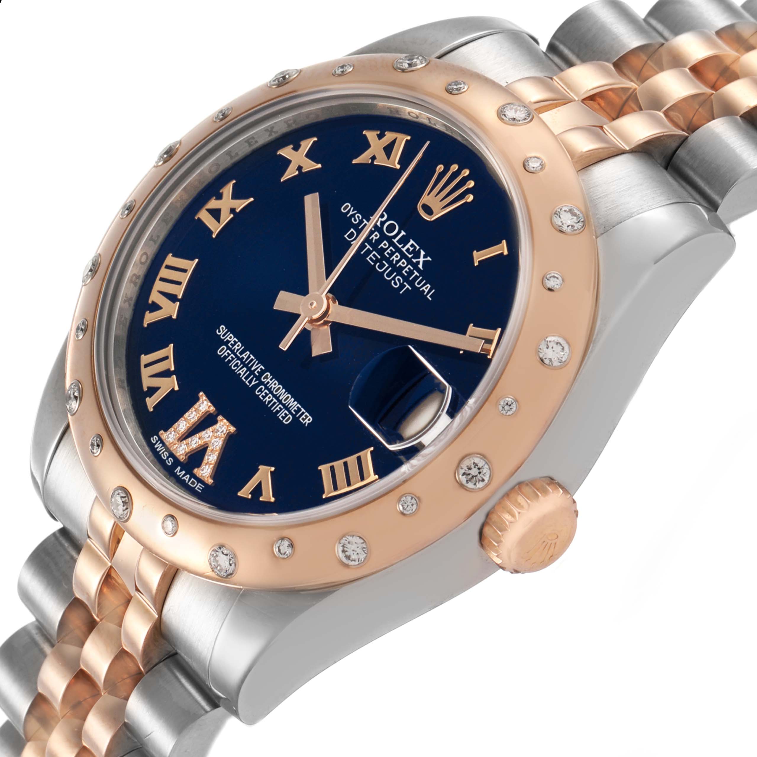The Rolex Datejust 178341 Women's Steel and Gold (two tone) Black Dial watch is shown at an angle highlighting the dial, bezel, crown, and part of the bracelet.
