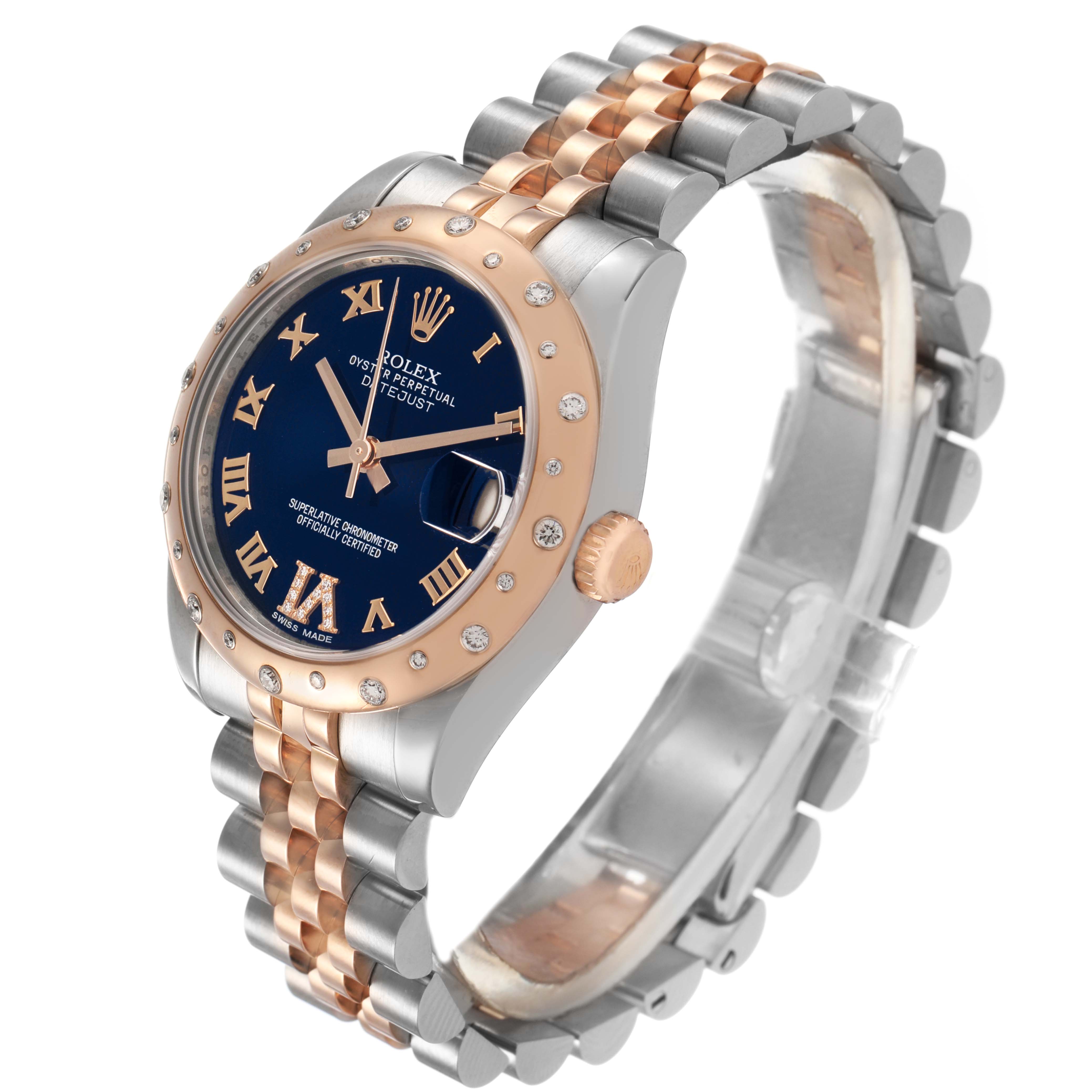 The Rolex Datejust 178341 Women's Steel and Gold (two tone) Black Dial watch is shown at an angled view, highlighting its bezel, crown, dial, and two-tone bracelet.