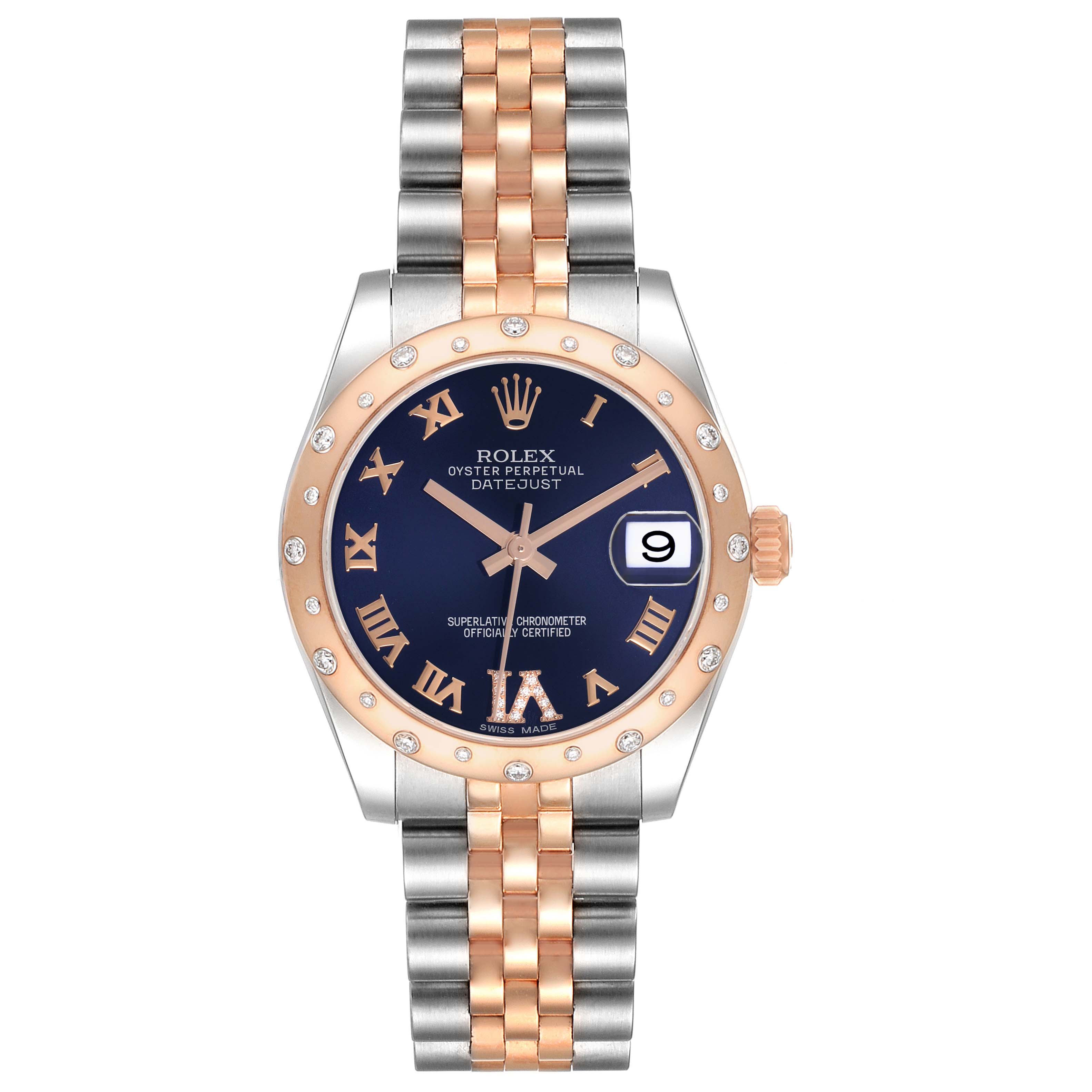 The Rolex Datejust 178341 Women's Steel and Gold (two tone) Black Dial watch is shown from a front angle, displaying the face, bezel, bracelet, and crown.