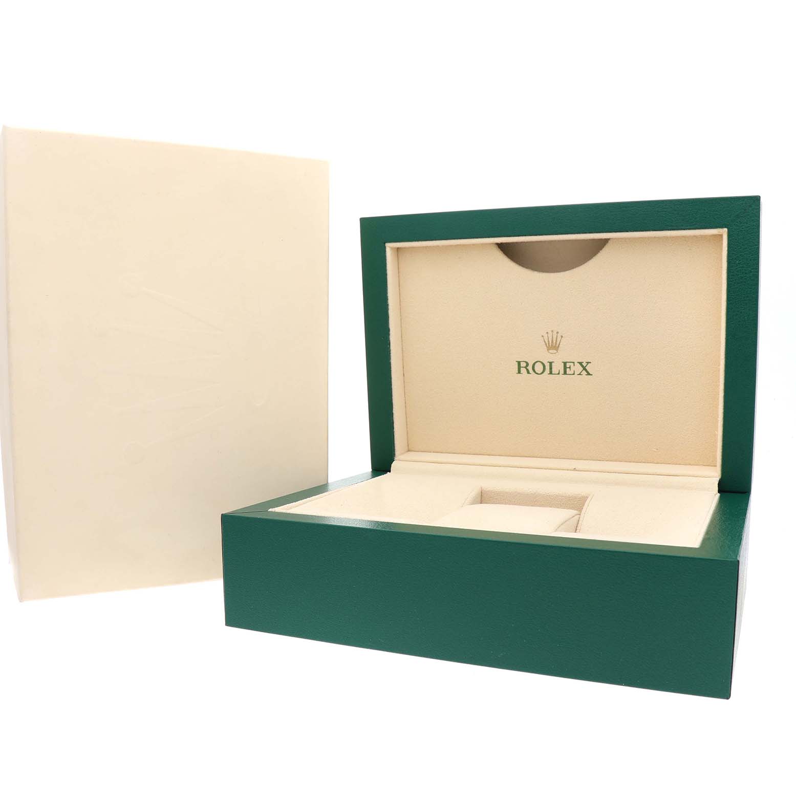 The image shows an open Rolex Datejust 178341 Women's Steel and Gold (two tone) Black Dial watch box with a green exterior and beige interior, viewed from the front.