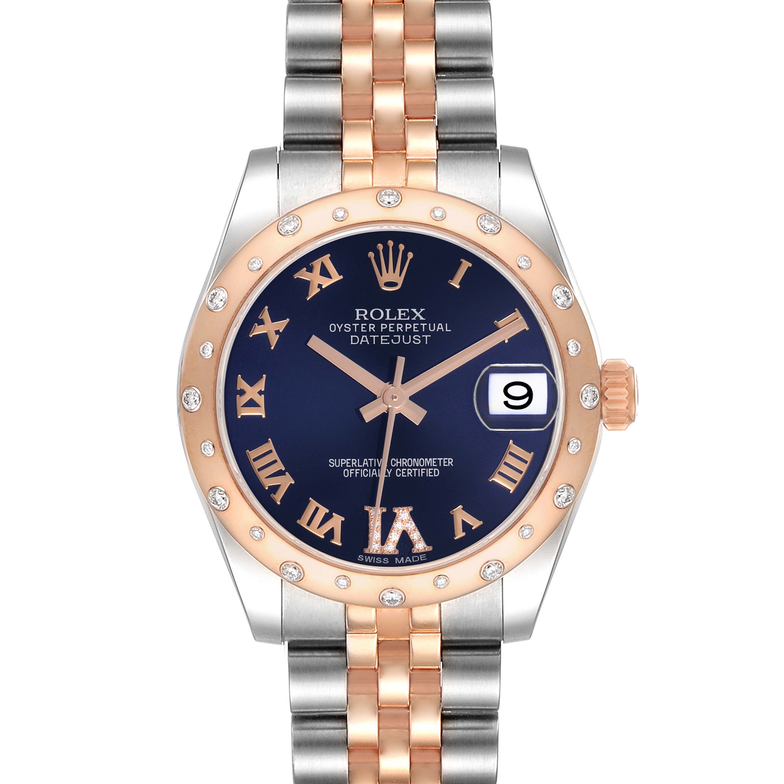 The Rolex Datejust 178341 Women's Steel and Gold (two tone) Black Dial watch is shown from a front angle, highlighting its bezel, dial, and bracelet.