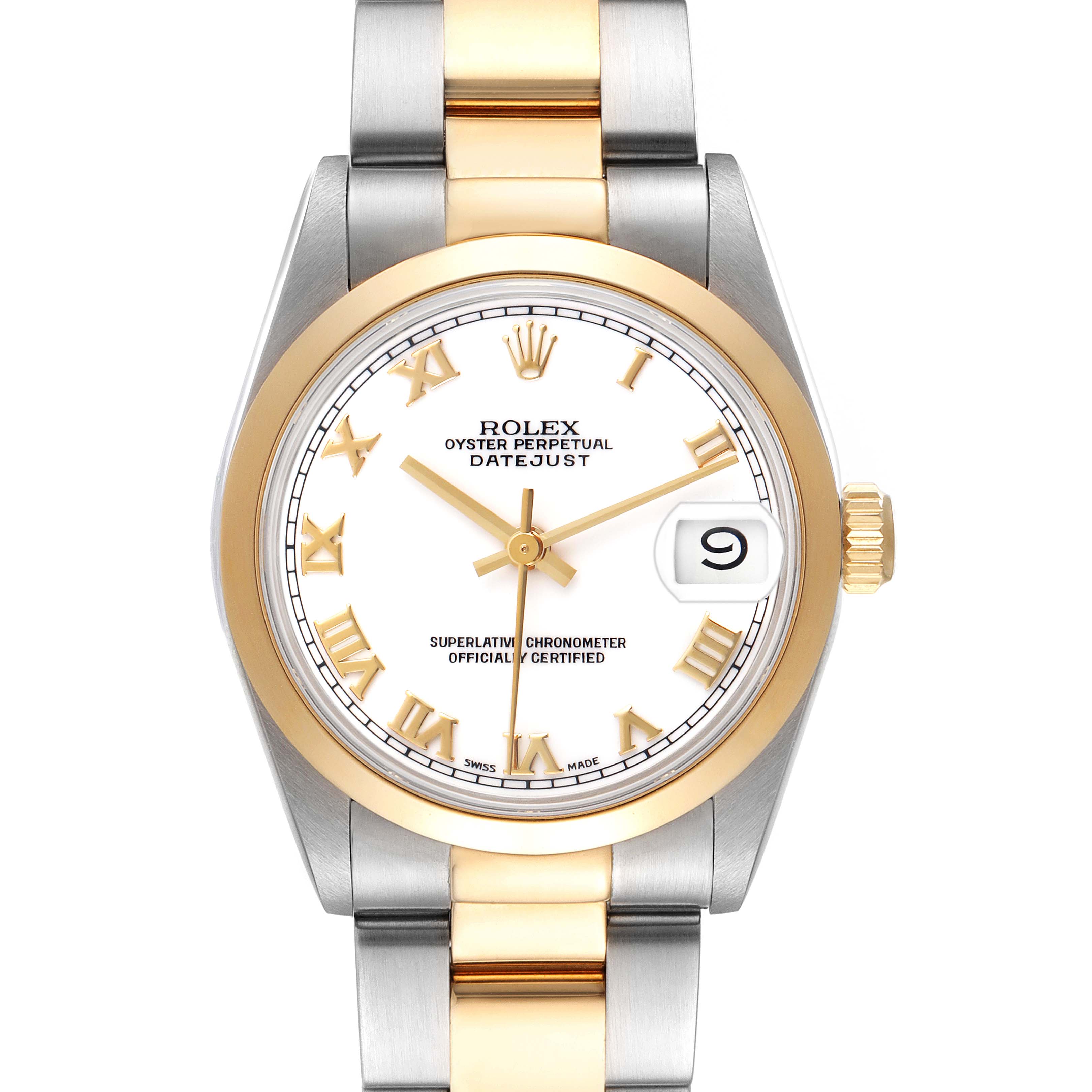 The Rolex Datejust 68243 Women's Steel and Gold (two tone) White Dial watch is shown from the front, displaying its face, bezel, and bracelet clearly.