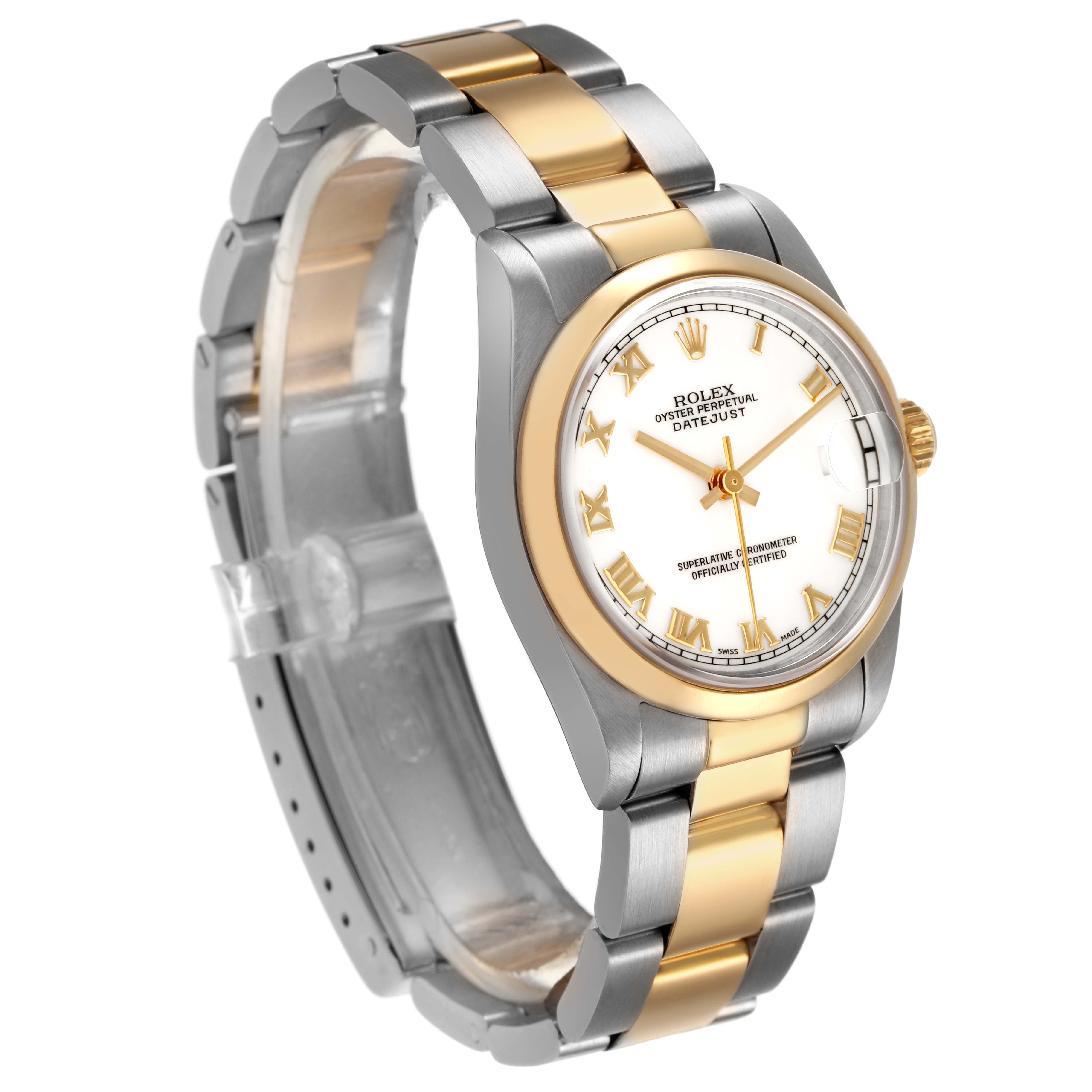 The Rolex Datejust 68243 Women's Steel and Gold (two tone) White Dial is shown at a three-quarter angle, highlighting the gold and stainless steel bracelet and the detailed dial.
