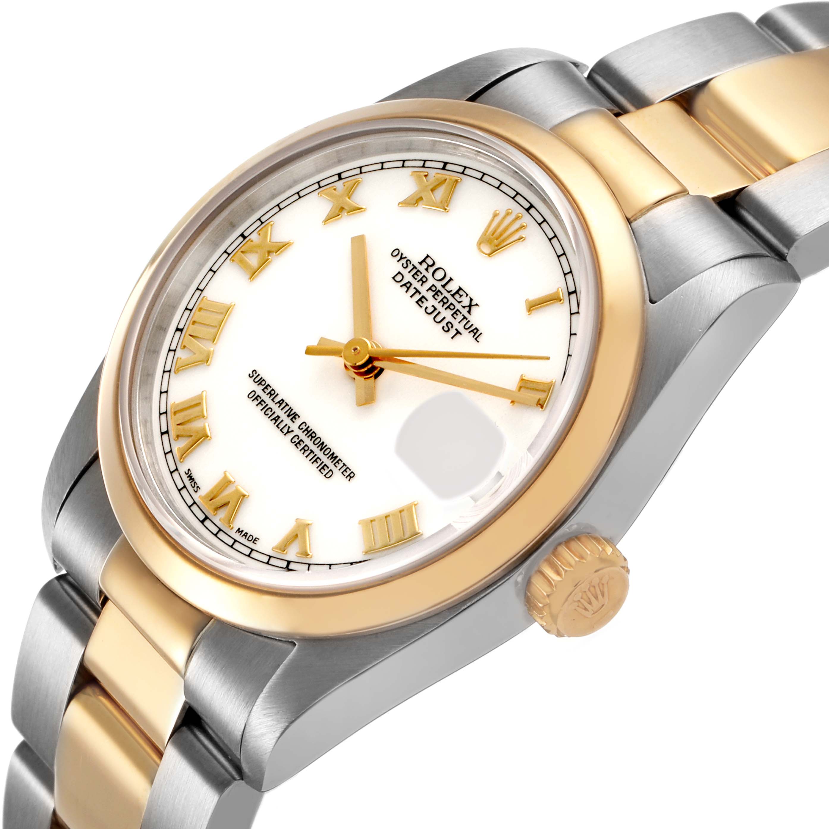 The Rolex Datejust 68243 Women's Steel and Gold (two tone) White Dial watch is shown at an angled view, highlighting the dial, two-tone bracelet, and crown.